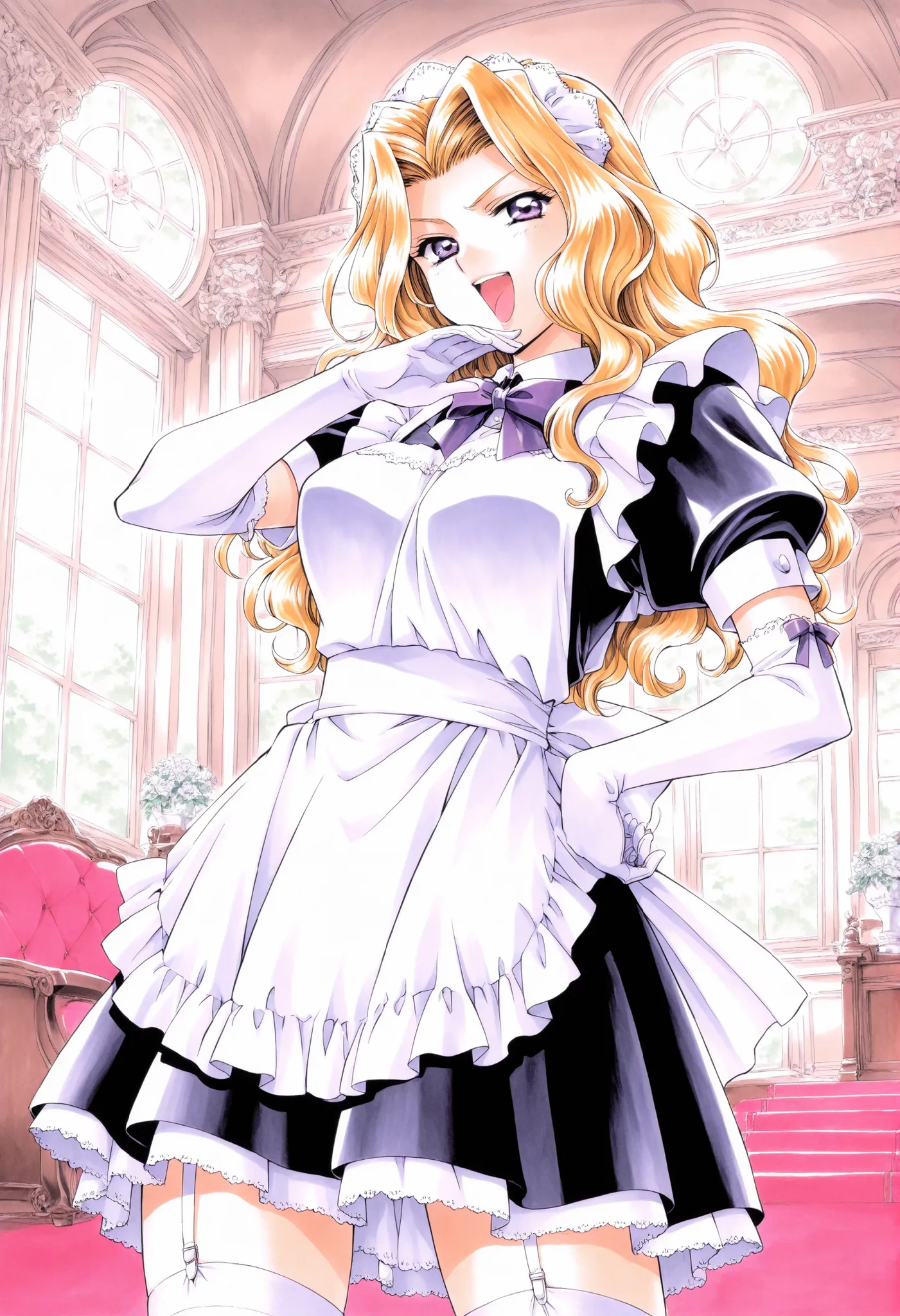 Score_9, score_8_up, score_7_up, source_anime, Shindou_Reiko(kakyuusei), 1girl, solo, blonde hair, long hair, purple eyes, large breasts, wavy hair, (best quality), (high quality), {masterpiece}, extremely delicate and beautiful, ultra-detailed, beautiful ...