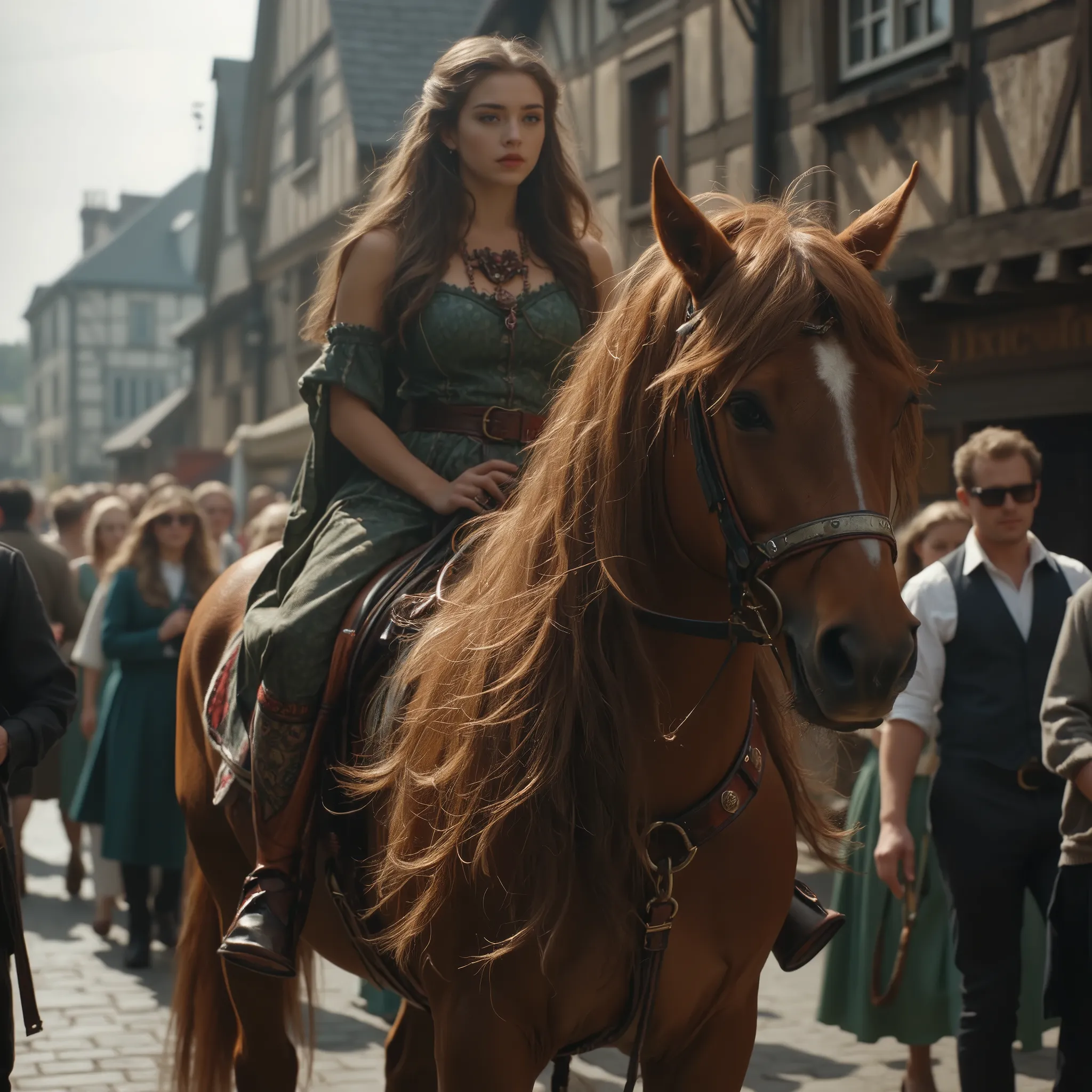 Photorealistic image of Lady Godiva riding side-saddle on a horse through a medieval town, fully nude but her long, thick, flowing hair precisely and completely covers her breasts and lower body, elegant and solemn facial expression, cinematic lighting, in...
