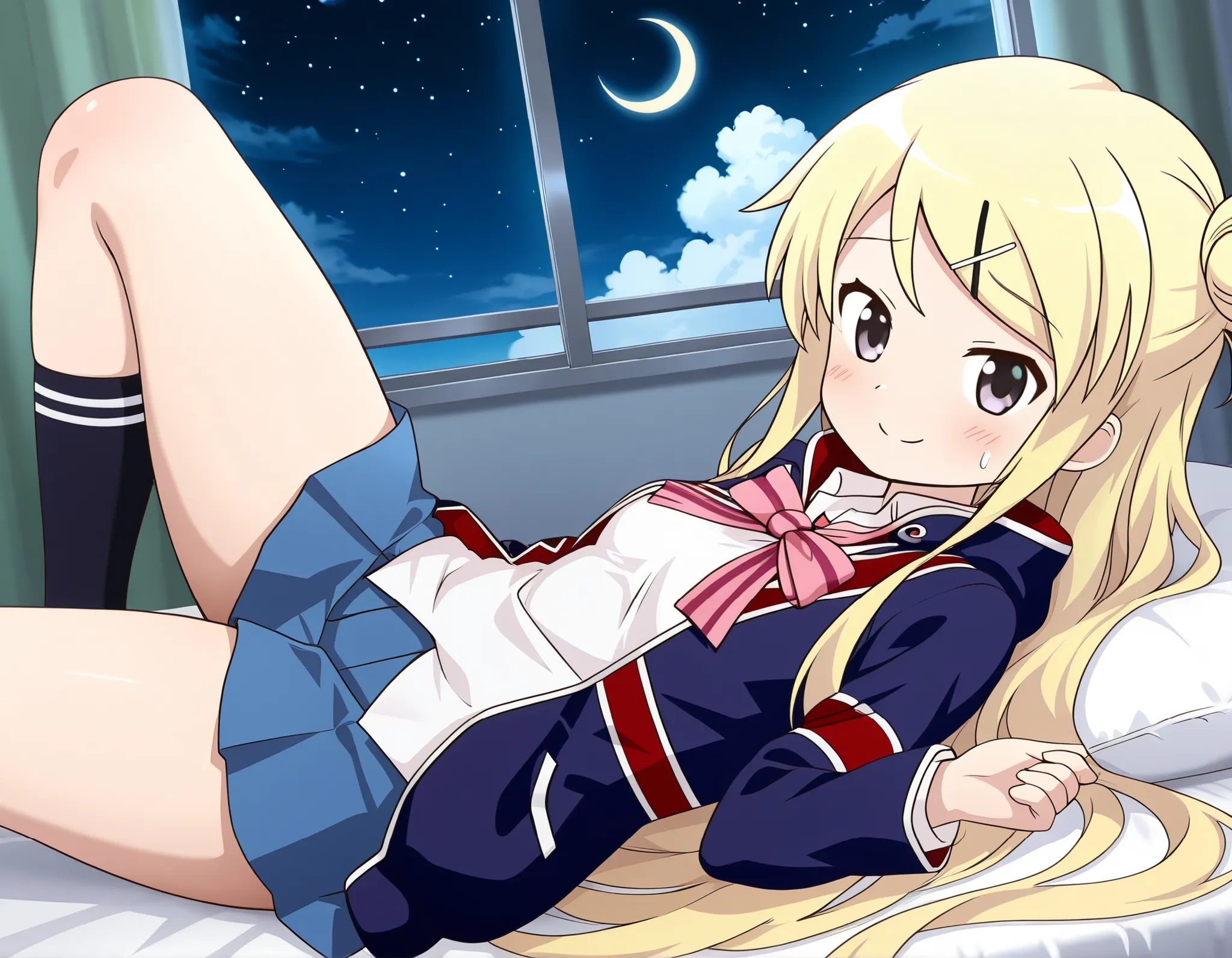 1girl , unwellness(autonomic nervous system disorder and depression) smile thick thighs Kujou Karen very long hair , blonde hair , single hair bun , hairclip , x hair ornament , sidelocks , side swept bangs , black eyes , white shirt , collared shirt , uni...