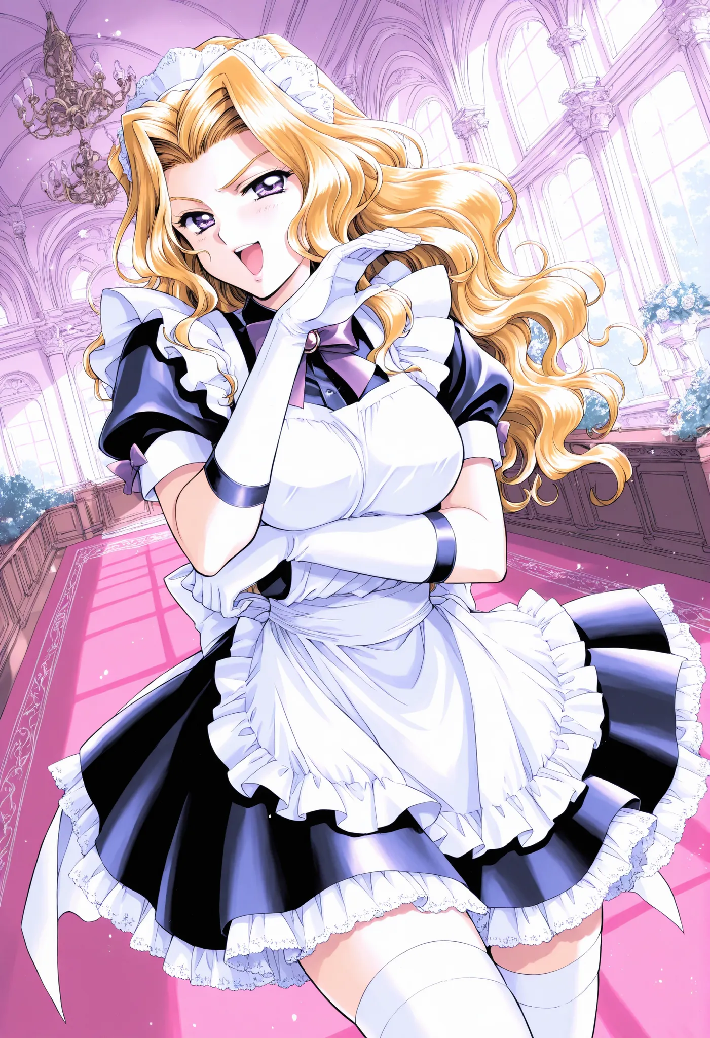 Score_9, score_8_up, score_7_up, source_anime, Shindou_Reiko(kakyuusei), 1girl, solo, blonde hair, long hair, purple eyes, large breasts, wavy hair, (best quality), (high quality), {masterpiece}, extremely delicate and beautiful, ultra-detailed, beautiful ...