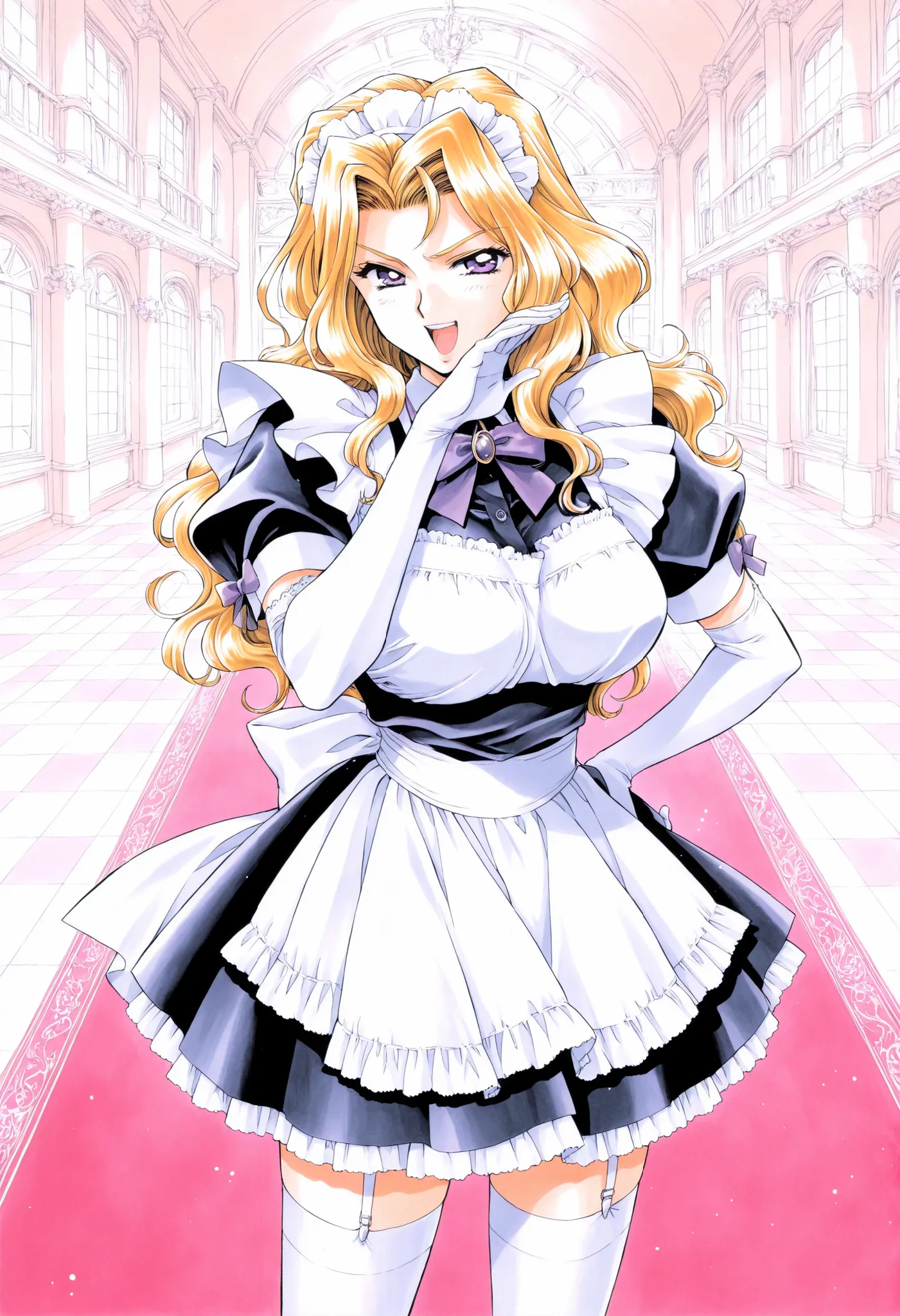 Score_9, score_8_up, score_7_up, source_anime, Shindou_Reiko(kakyuusei), 1girl, solo, blonde hair, long hair, purple eyes, large breasts, wavy hair, (best quality), (high quality), {masterpiece}, extremely delicate and beautiful, ultra-detailed, beautiful ...