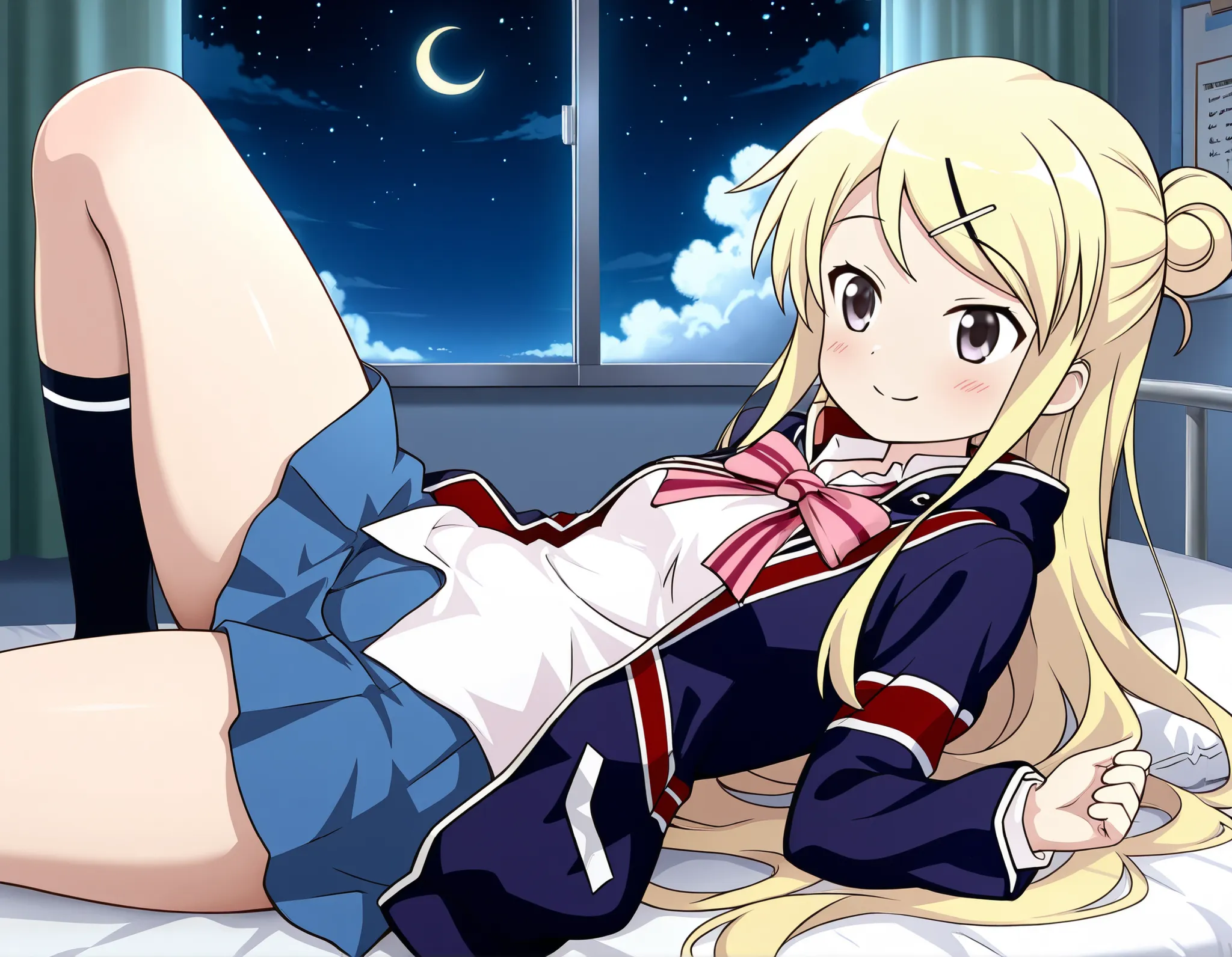 1girl , unwellness(autonomic nervous system disorder and depression) smile thick thighs Kujou Karen very long hair , blonde hair , single hair bun , hairclip , x hair ornament , sidelocks , side swept bangs , black eyes , white shirt , collared shirt , uni...