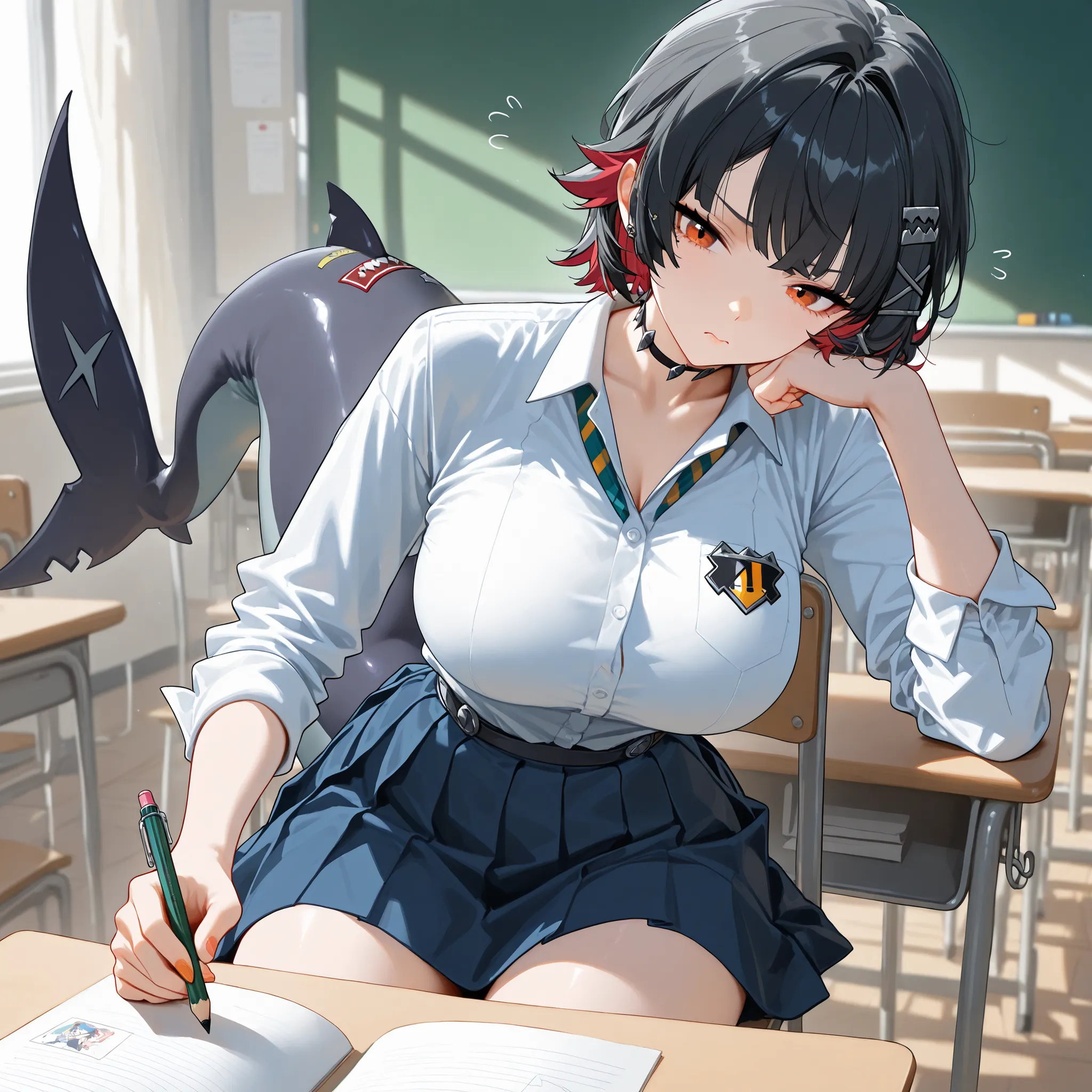 masterpiece,Perfect Face,zenless zone zero Ellen Joe,black hair,have shark tail,wears school uniform,holding a pencil,sit in front of desk,nerves expression,background classroom