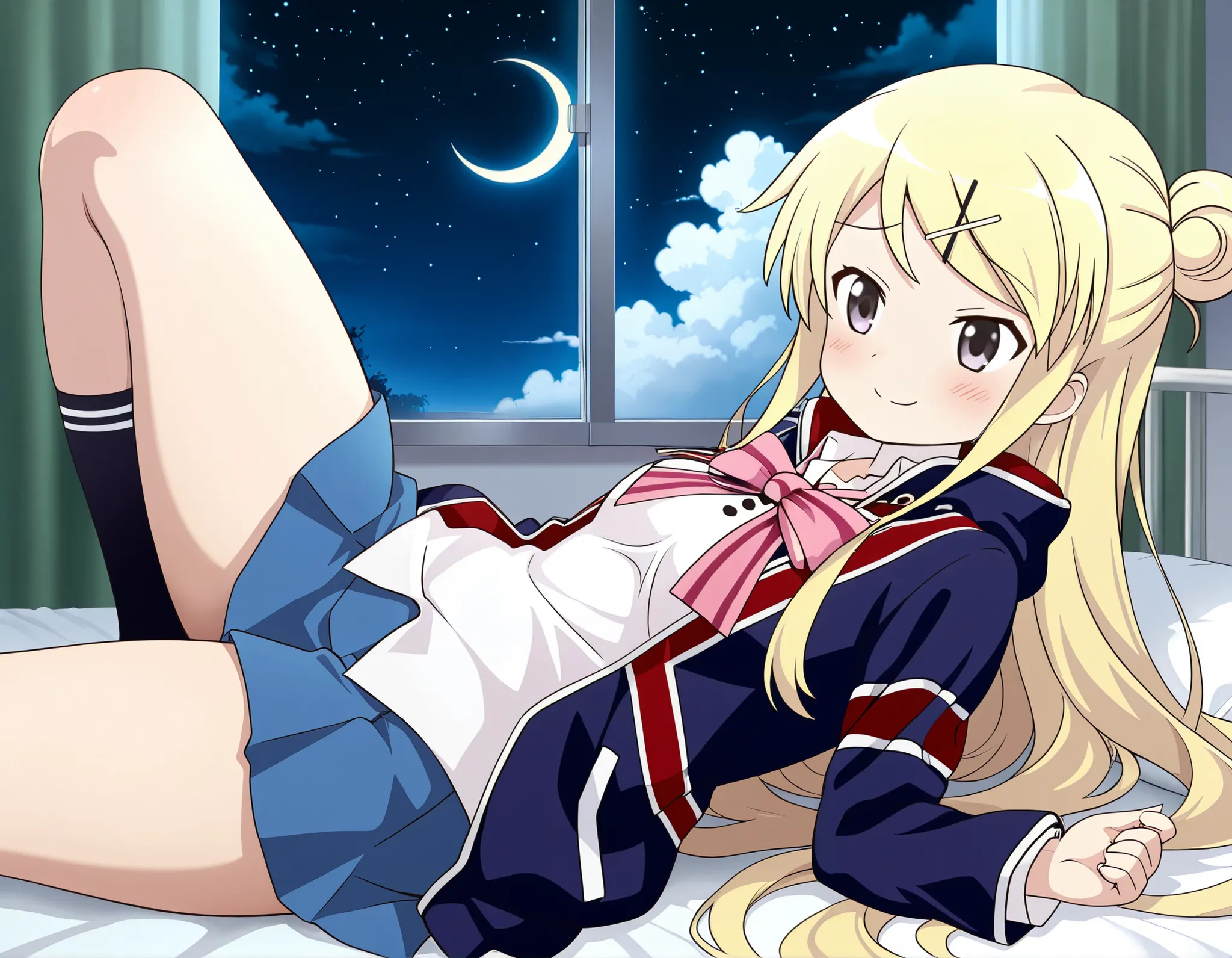 1girl , unwellness(autonomic nervous system disorder and depression) smile thick thighs Kujou Karen very long hair , blonde hair , single hair bun , hairclip , x hair ornament , sidelocks , side swept bangs , black eyes , white shirt , collared shirt , uni...