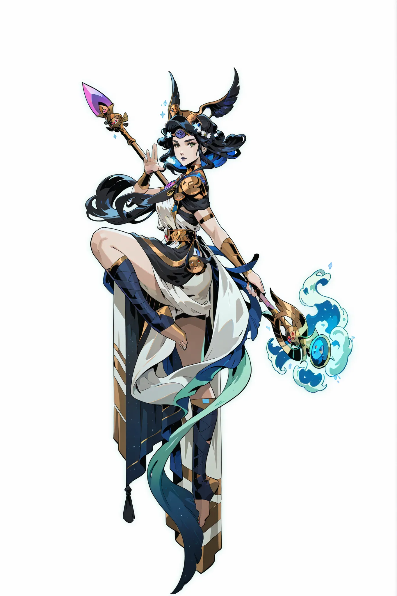 Girl, mythical, Greeks myth, with polearm, goddess ,full body, long legs,  dynamic pose, Beautiful, girl, concept, stylized, character design, Olympus, Hades style