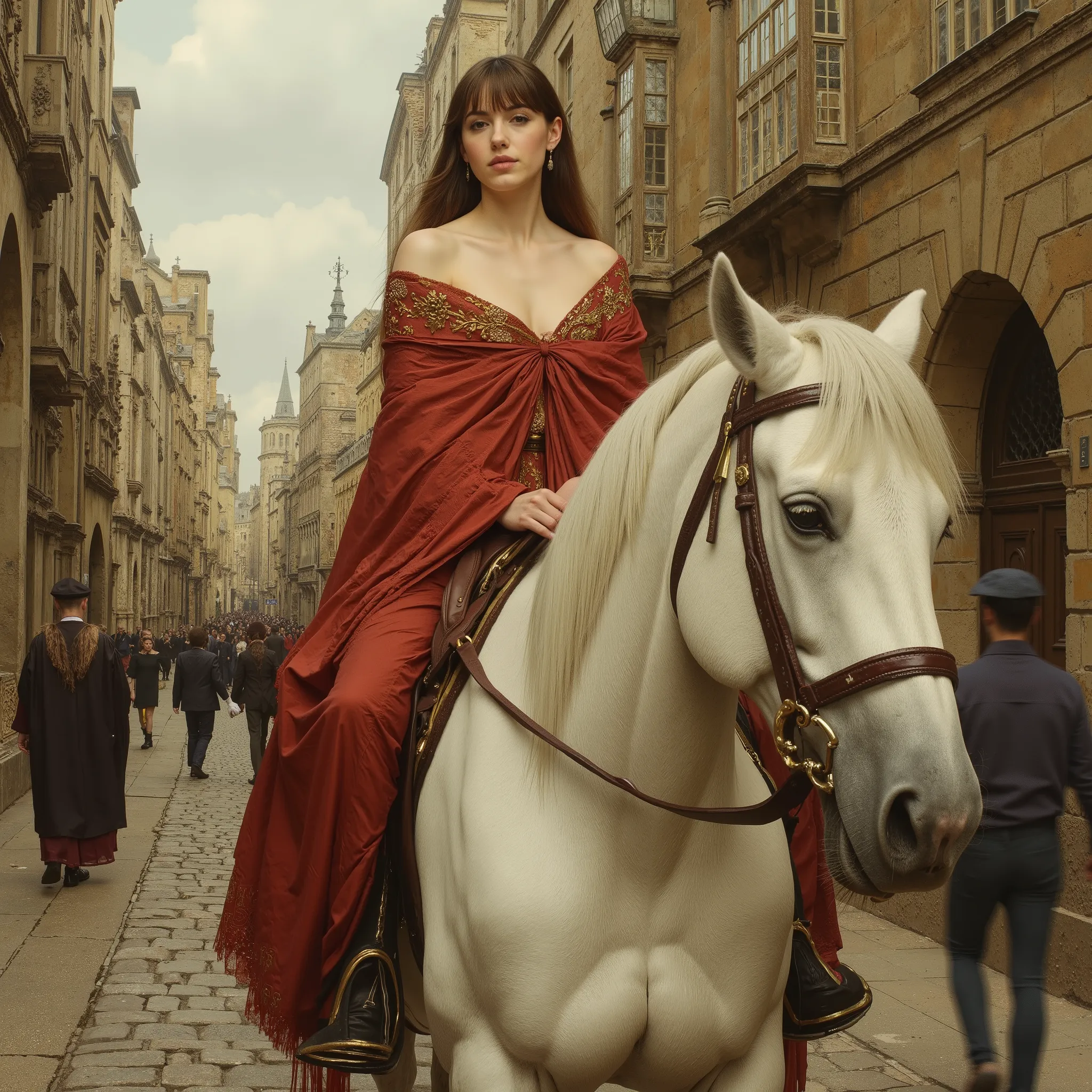 Photorealistic and painterly image inspired by John Collier’s Lady Godiva, reimagined with accurate historical detail. Lady Godiva rides side-saddle on a white horse draped in rich red cloth through a silent, empty medieval town. Her long, flowing brown ha...