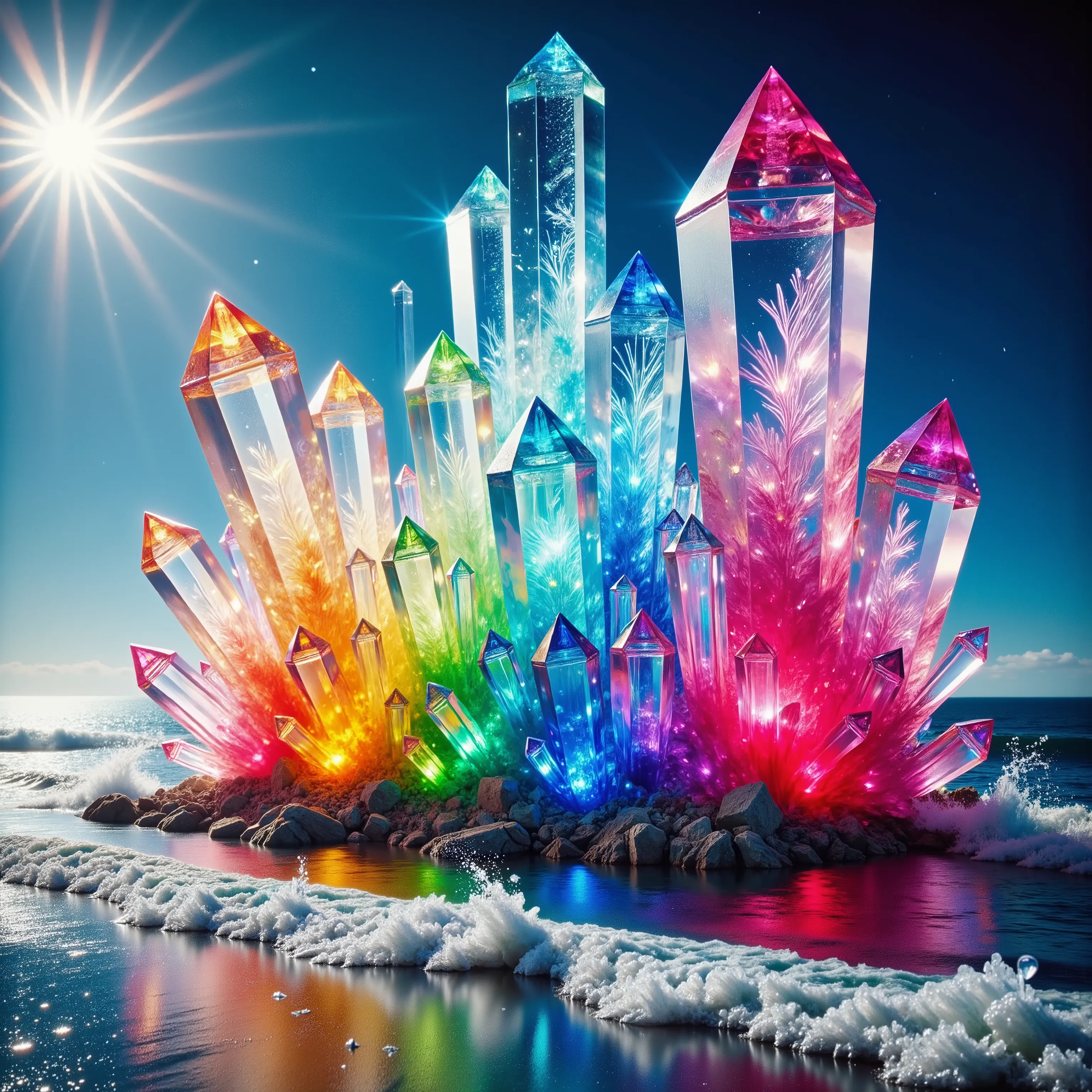 A fantastical scene unfolds with towering crystal structures rising dramatically from the ocean waves. The crystals, sharp, angular, and polygonal, range in size and radiate a spectrum of vibrant colors, including pinks, blues, greens, and yellows, that sh...