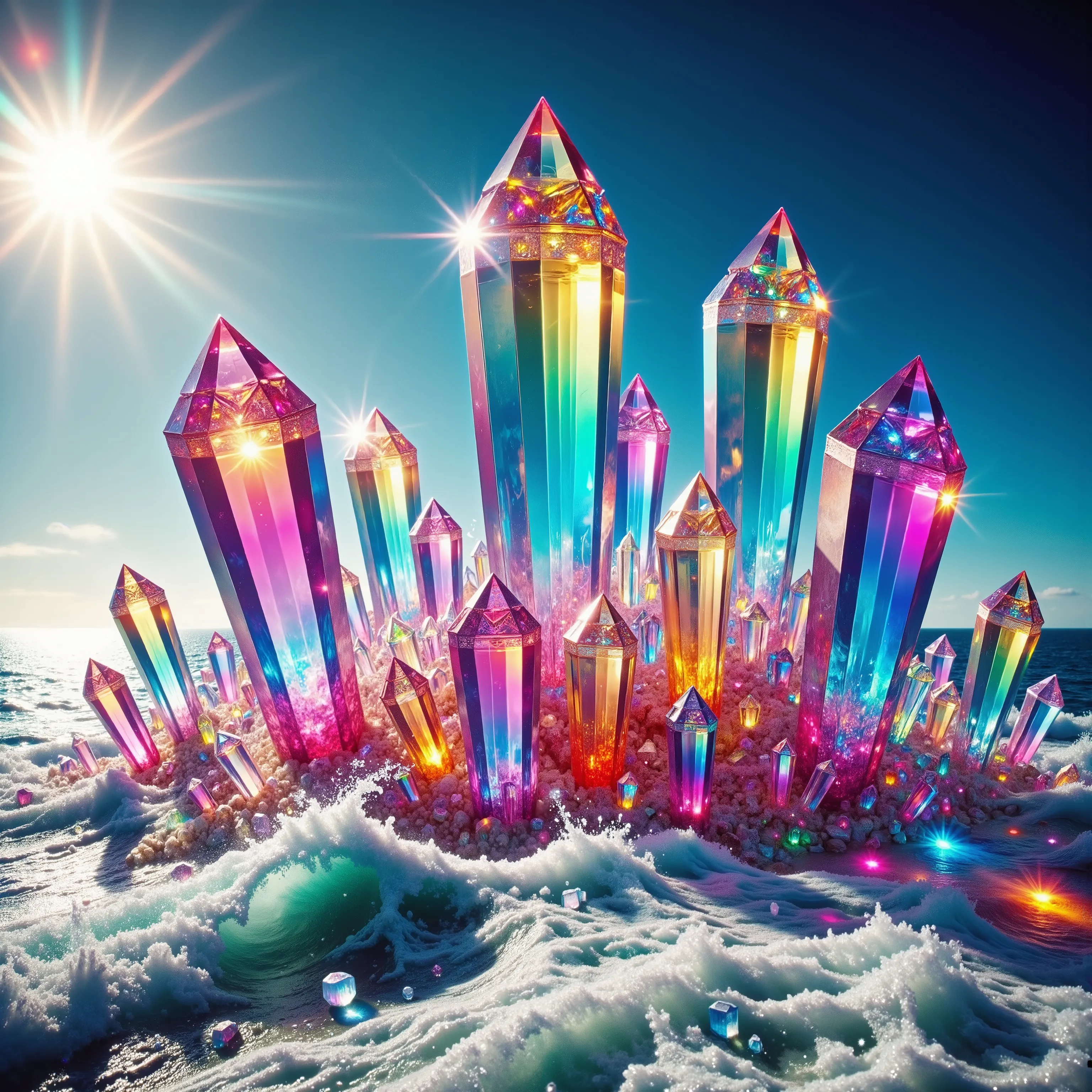 A fantastical scene unfolds with towering crystal structures rising dramatically from the ocean waves. The crystals, sharp, angular, and polygonal, range in size and radiate a spectrum of vibrant colors, including pinks, blues, greens, and yellows, that sh...