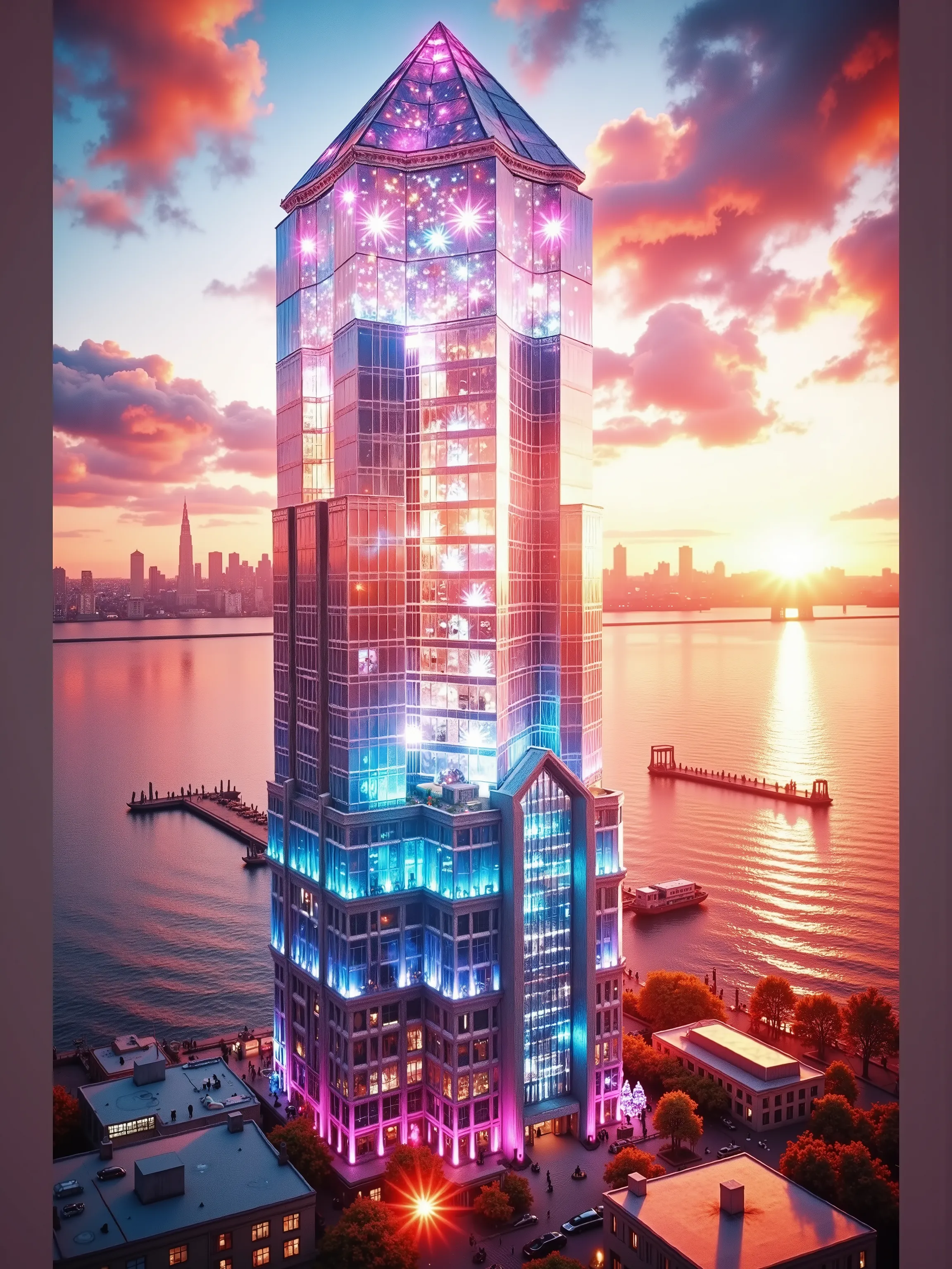 A towering crystal structure glimmers majestically in the foreground, crafted from translucent purple and pink hues that catch the sunlight brilliantly. The design resembles a modern skyscraper, its sharp geometric lines and the extensive glassy surface re...