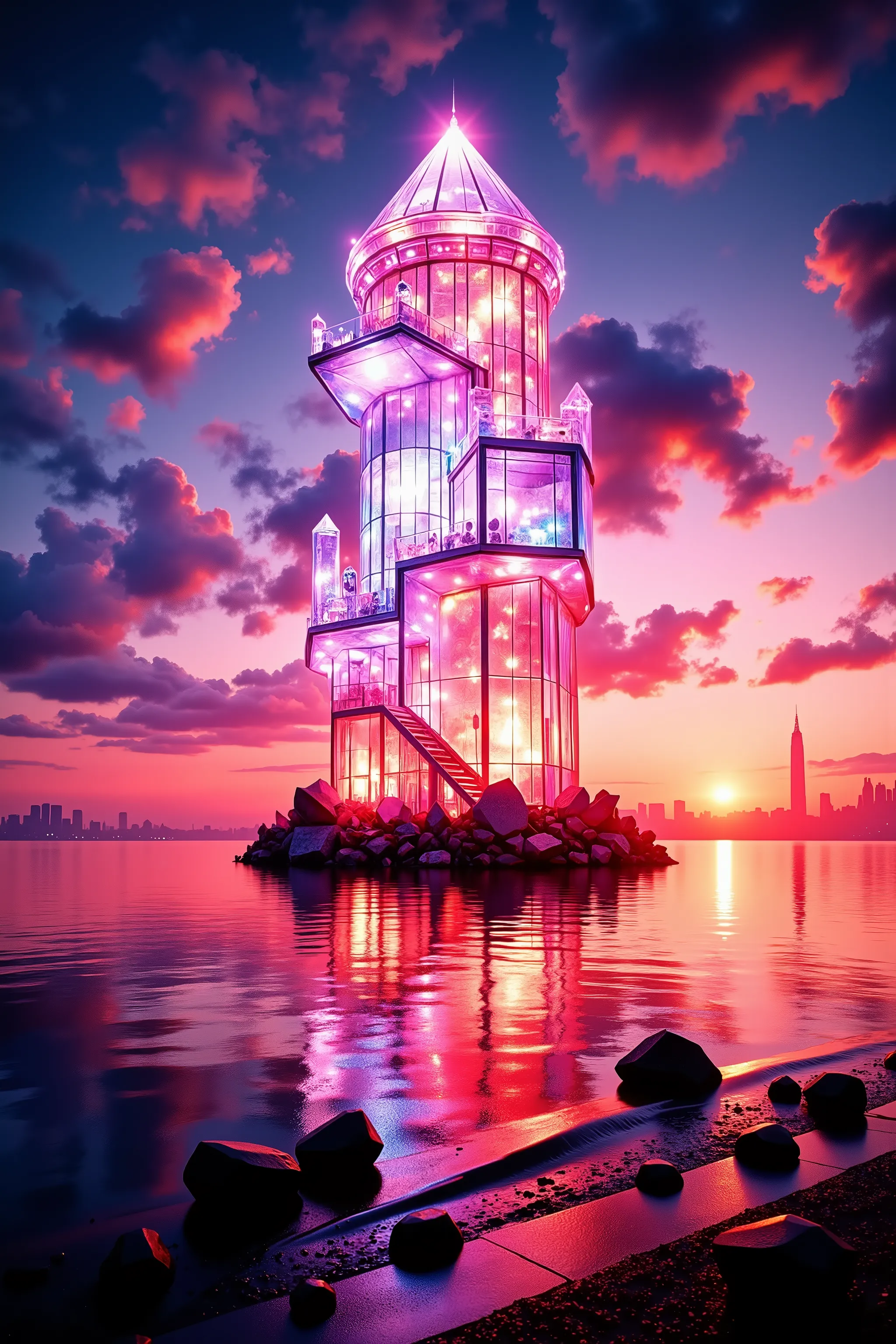 A towering crystal structure glimmers majestically in the foreground, crafted from translucent purple and pink hues that catch the sunlight brilliantly. The design resembles a modern skyscraper, its sharp geometric lines and the extensive glassy surface re...