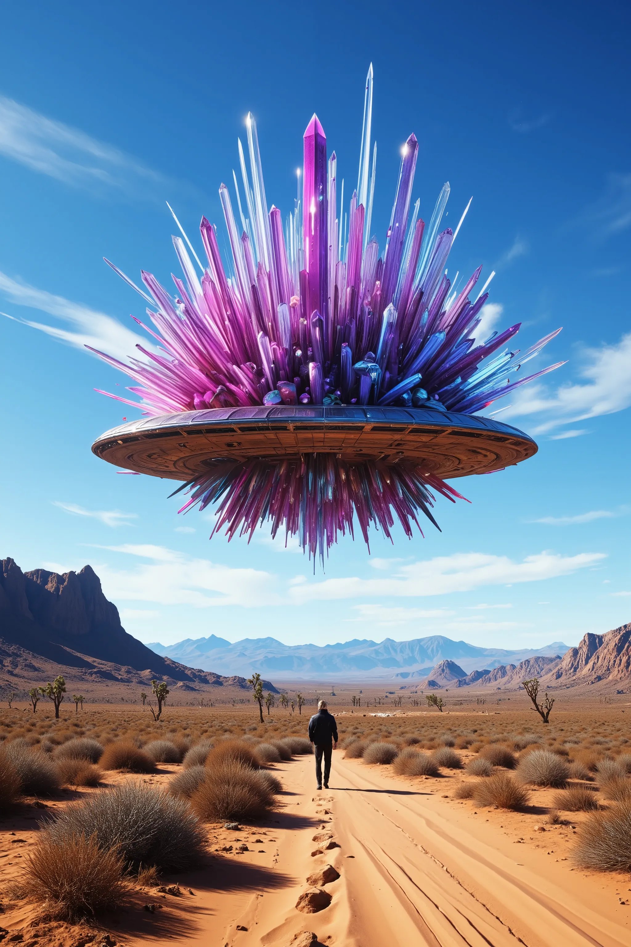 A fantastical scene unfolds in an arid desert landscape with rugged mountains in the distance.A UFO with hundreds of quartz crystals protruding from the top and bottem. Dominating the sky,  a hovering structure composed entirely of shimmering crystals, var...