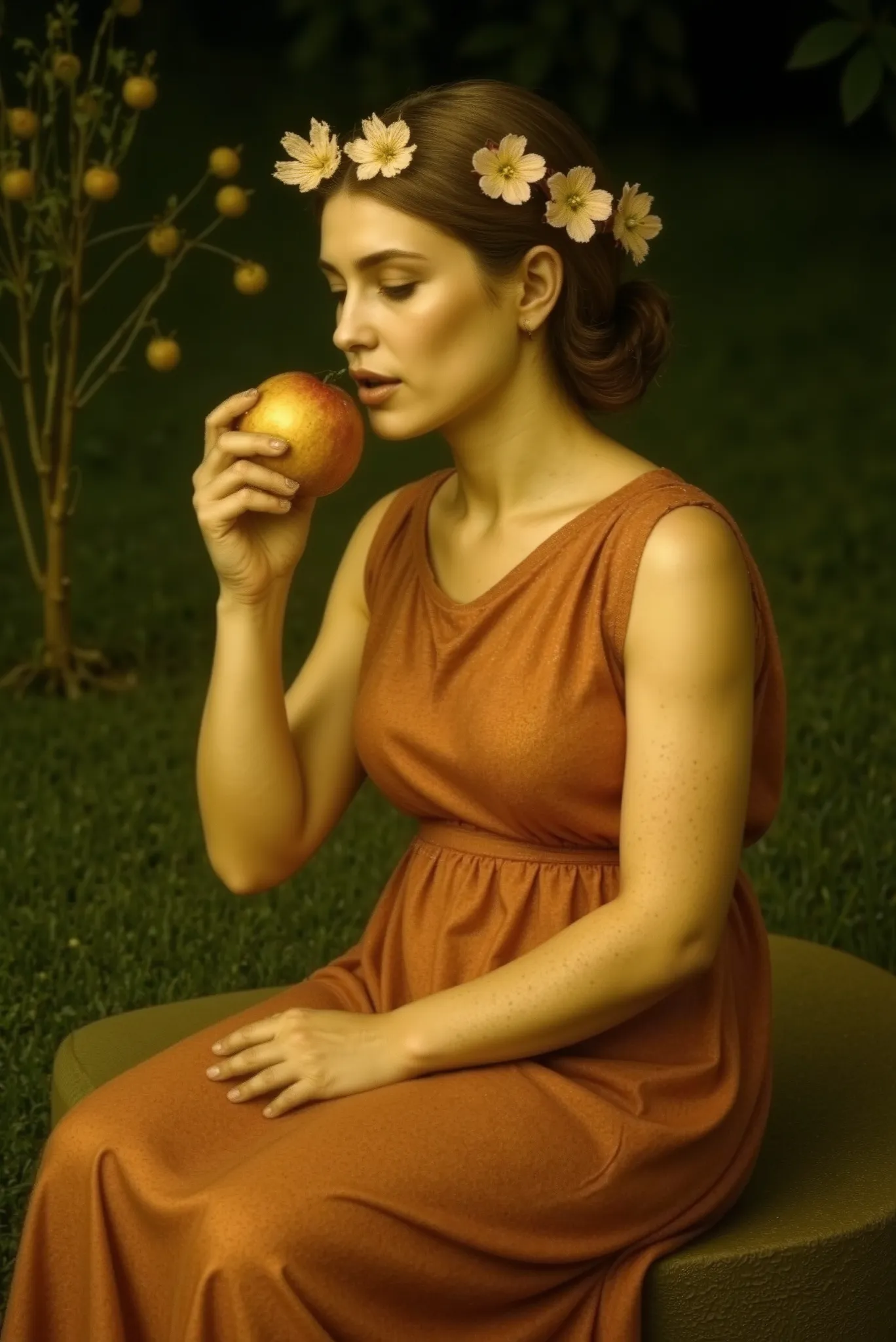 A graceful Greek nymph standing or sitting in an enchanted mythological garden. She wears a soft, flowing pink tunic with delicate folds, resembling classical Greek attire. Her head is adorned with a crown made of blooming apple blossoms, adding a touch of...