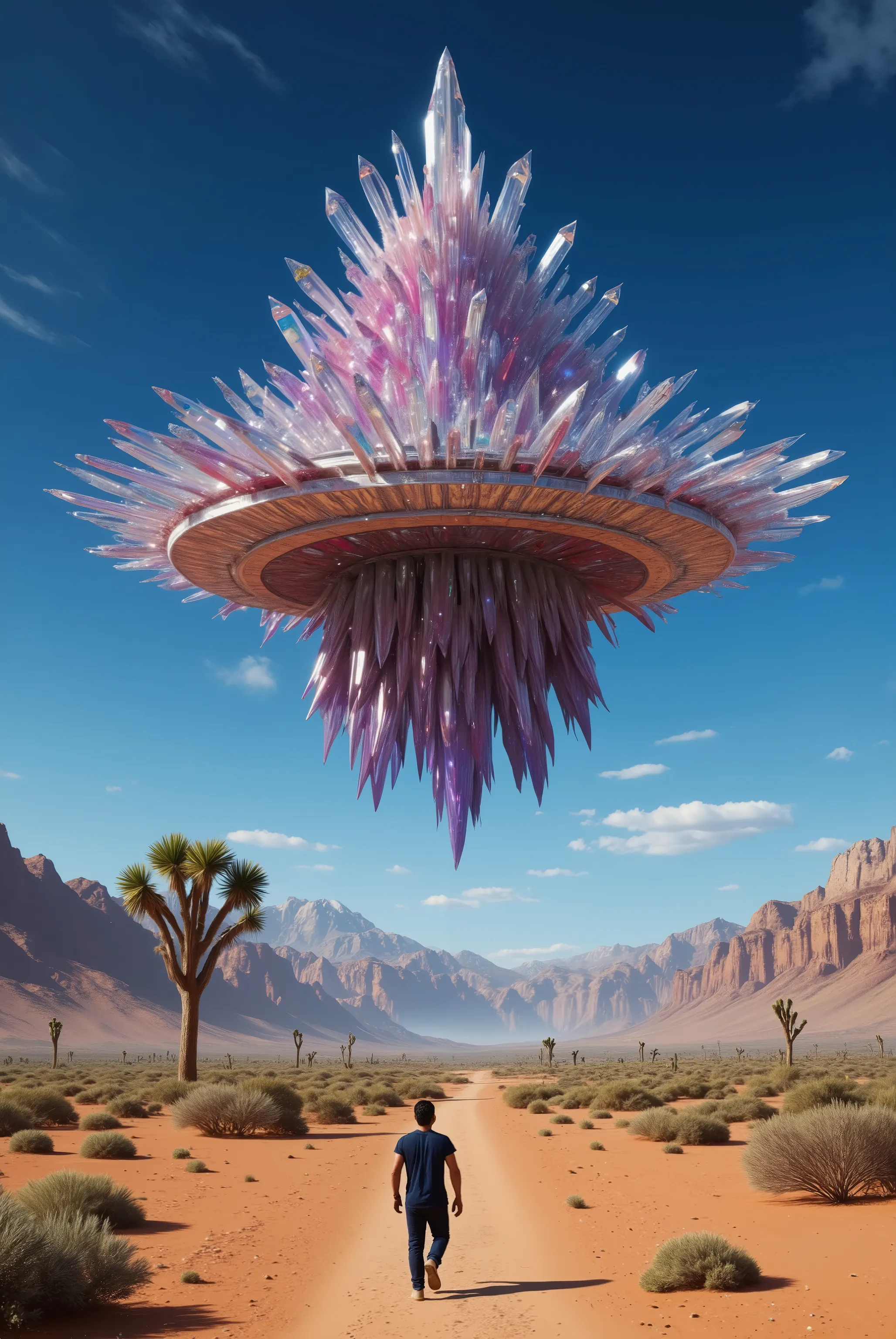 A fantastical scene unfolds in an arid desert landscape with rugged mountains in the distance.A UFO with hundreds of quartz crystals protruding from the top and bottem. Dominating the sky,  a hovering structure composed entirely of shimmering crystals, var...