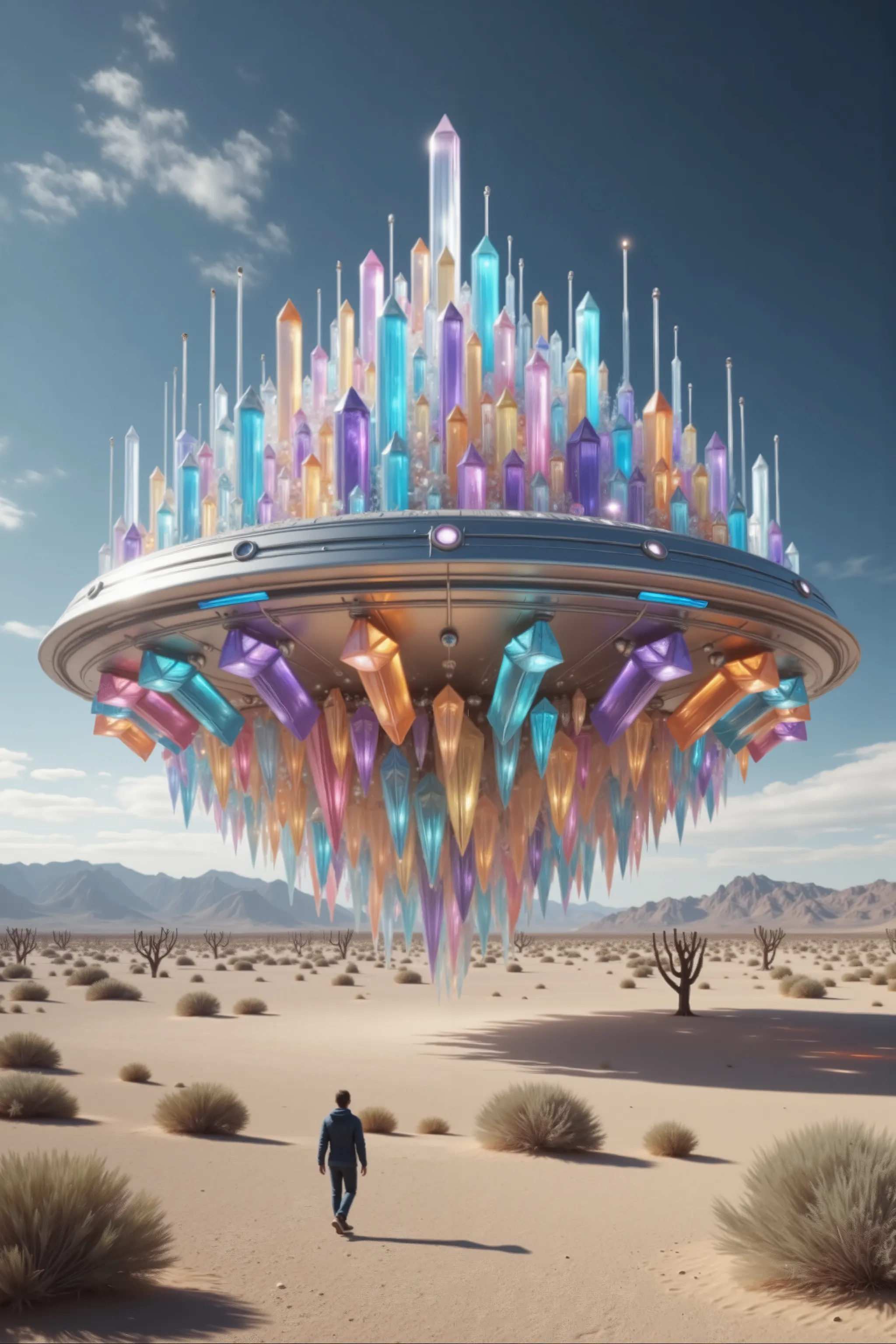 A fantastical scene unfolds in an arid desert landscape with rugged mountains in the distance.A UFO with hundreds of quartz crystals protruding from the top and bottem. Dominating the sky,  a hovering structure composed entirely of shimmering crystals, var...