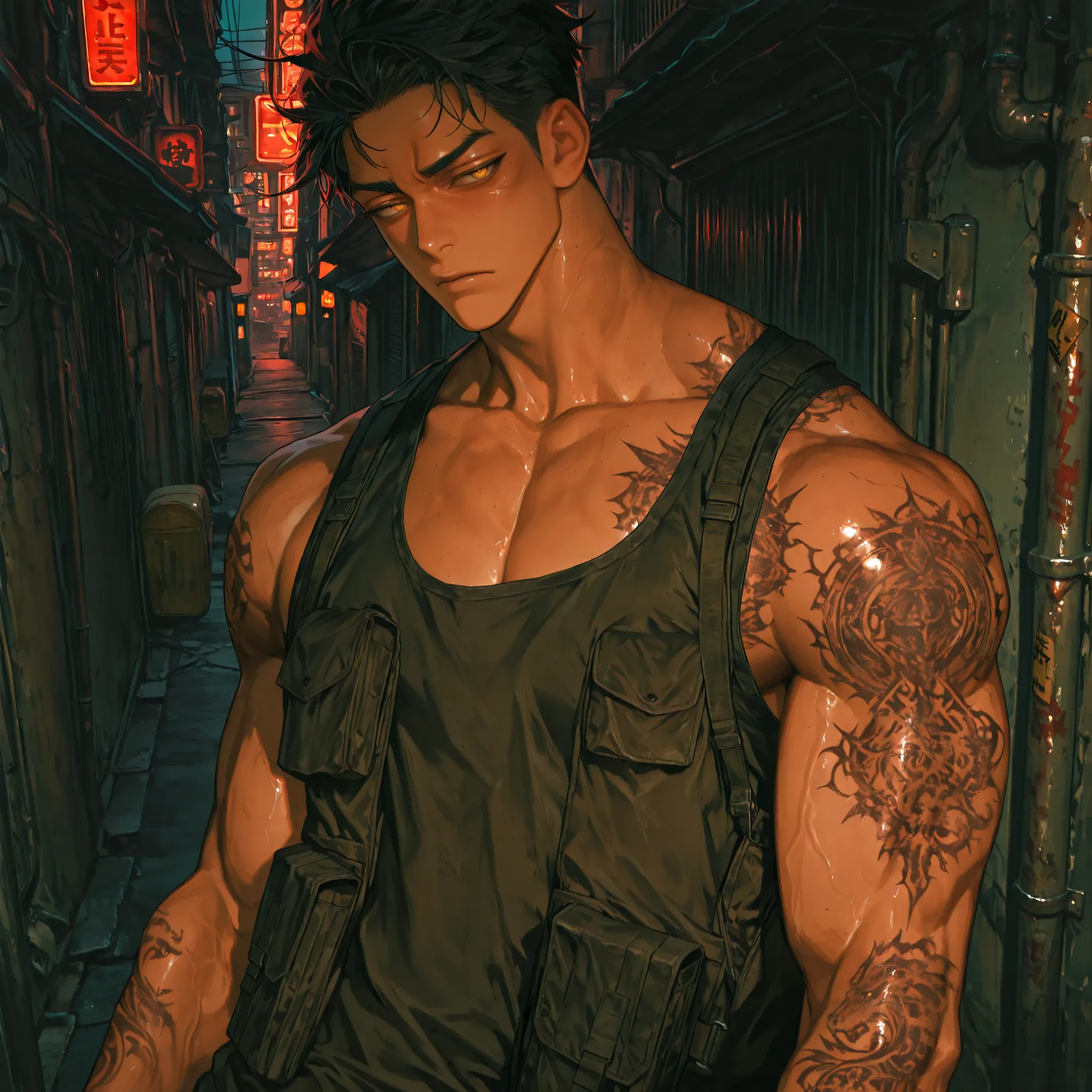 8k, beautiful masterpiece, handsome, Sexy, 28 years old male, 192cm, Dark eyebrows, sharp eyes, upturned eye tails, A tall, muscular, rough and slightly wild appearance. messy black hair that falls over his forehead, dark skin, golden amber eyes, wearing ...