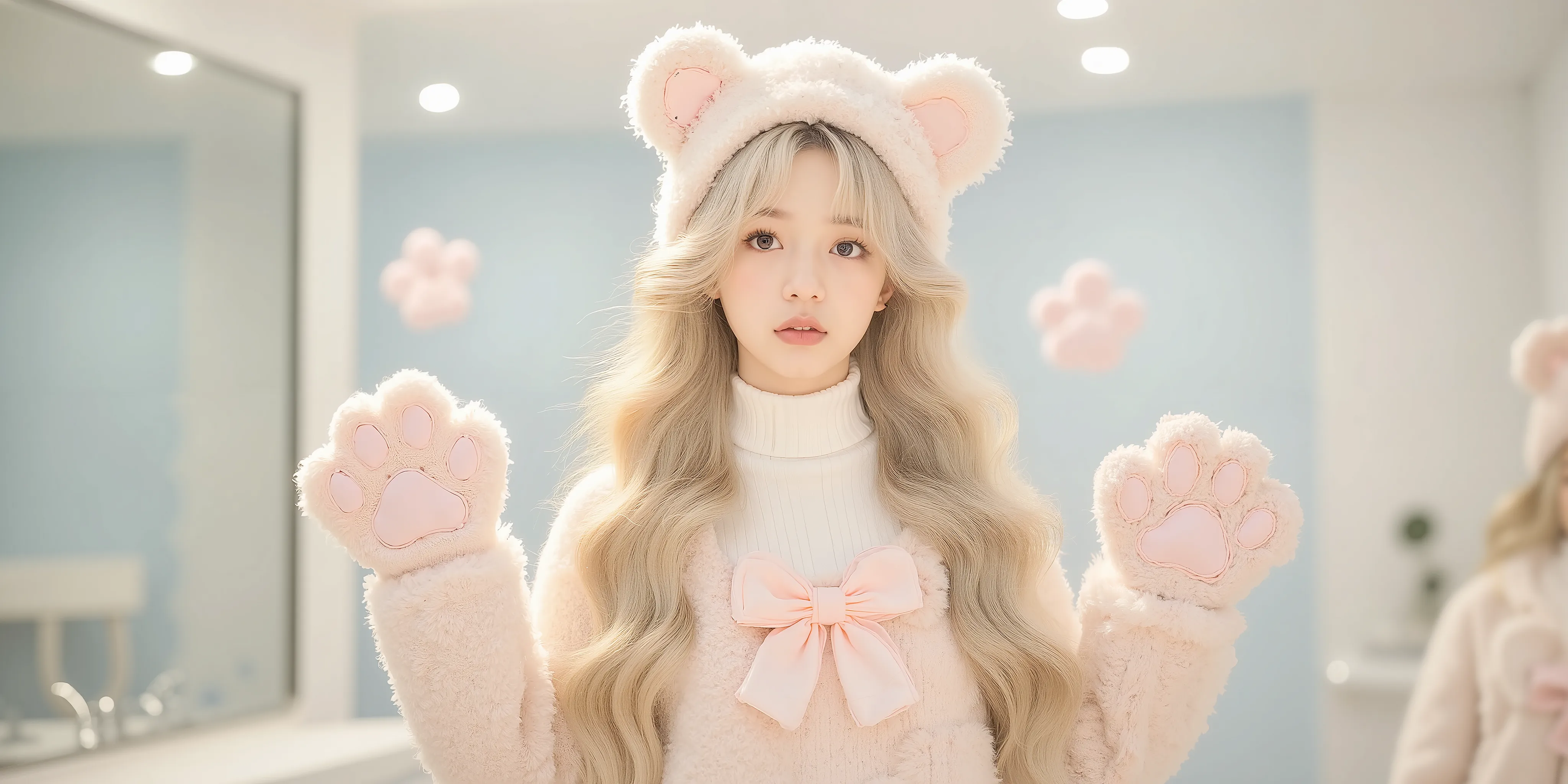 A young woman with long, platinum blonde hair styled in multiple intricate braids adorned with small bear-shaped charms, wearing a cozy white turtleneck sweater layered under a plush beige bear-themed overall dress with a large bow at the front and soft te...