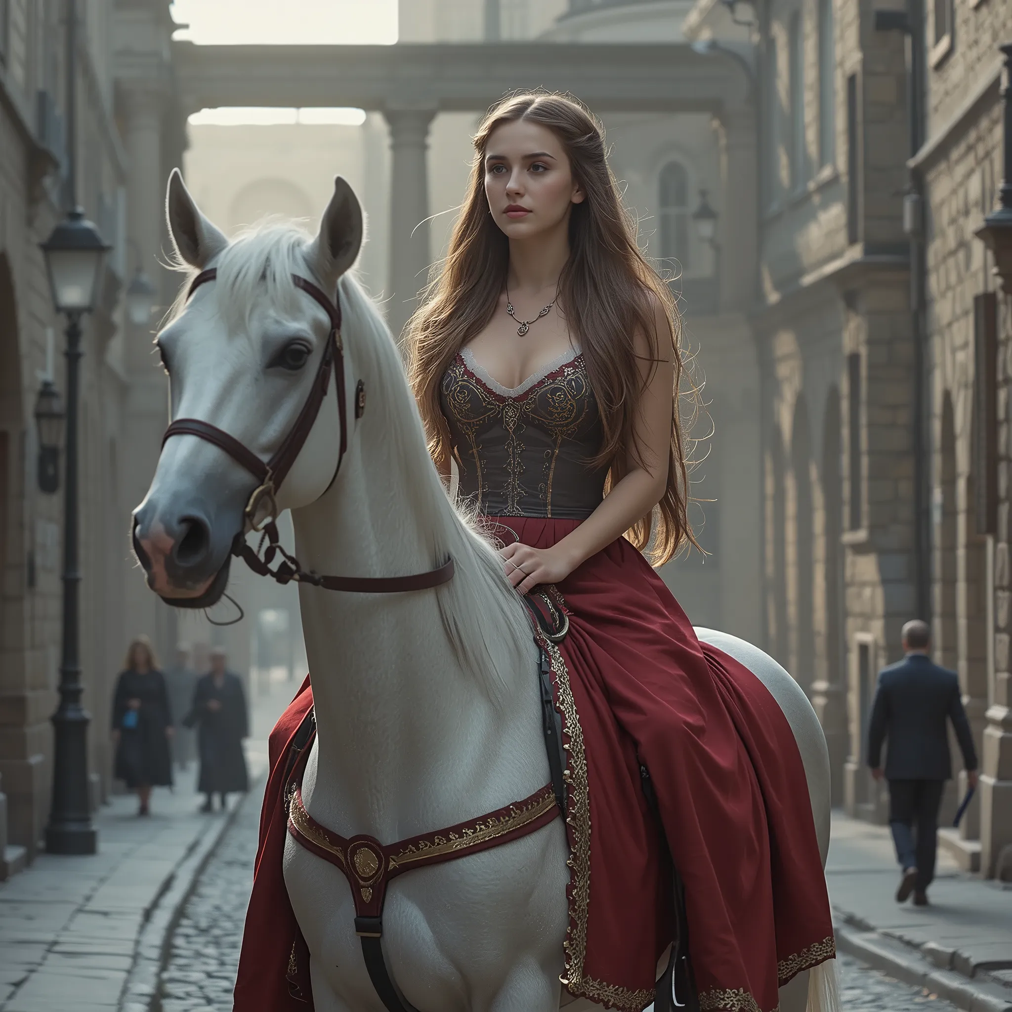 Photorealistic and painterly image inspired by John Collier’s Lady Godiva, reimagined with accurate historical detail. Lady Godiva rides side-saddle on a white horse draped in rich red cloth through a silent, empty medieval town. Her long, flowing brown ha...