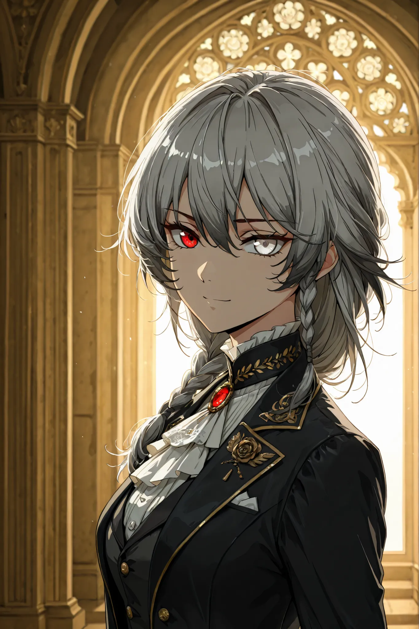 by [inoitoh|arknights|748cmstyle], anime style,(immersive lighting, backlighting, warm lighting:1.3), scenery, 1girl, solo, (FuHua, Fol005, Fh_Hos:0.96), (close up shot of a woman inside the palace gardens:1.2), industrial, victorianstyle,  heterochromia, ...
