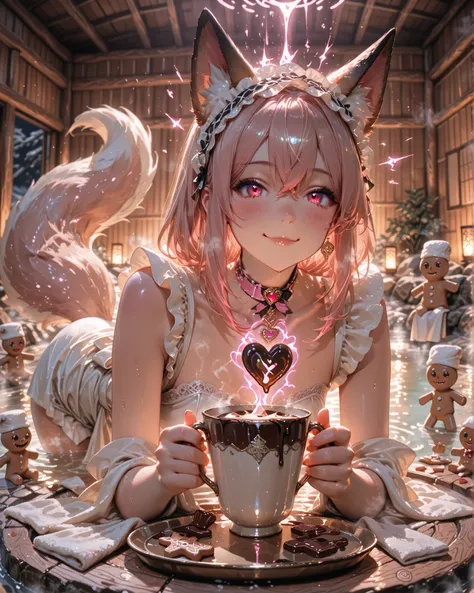 Uma obra-prima, 4k, ultra-detalhado, cinematic lighting, elegant and mischievous atmosphere. A beautiful young woman with seductive curves, beautiful rosa eyes, long silky rosa hair, combining fox ears, and a fluffy and large tail, all in shades of rosa, ...