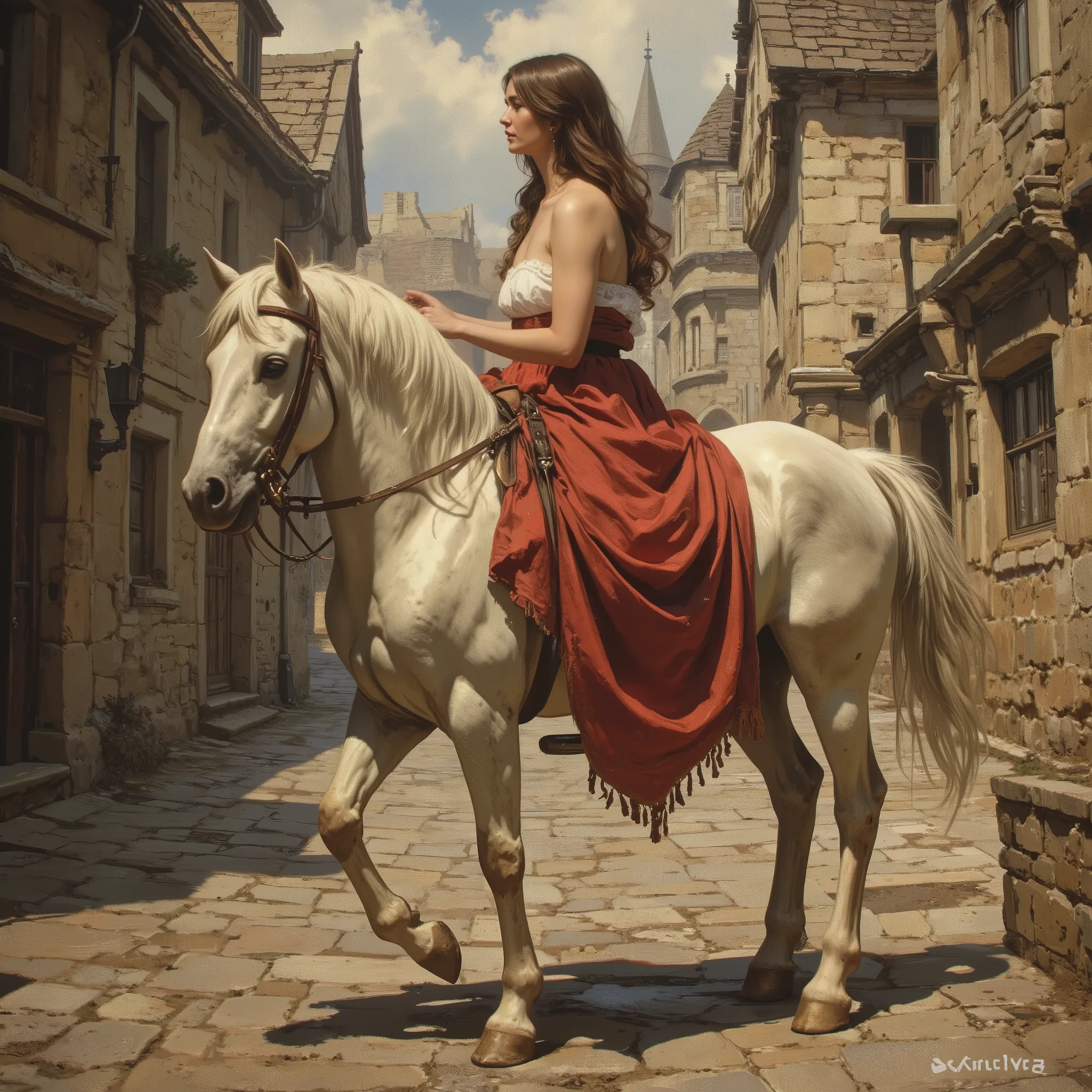 Photorealistic and painterly image inspired by John Collier’s Lady Godiva, reimagined with accurate historical detail. nude Lady Godiva rides side-saddle on a white horse draped in rich red cloth through a silent, empty medieval town. Her long, flowing bro...