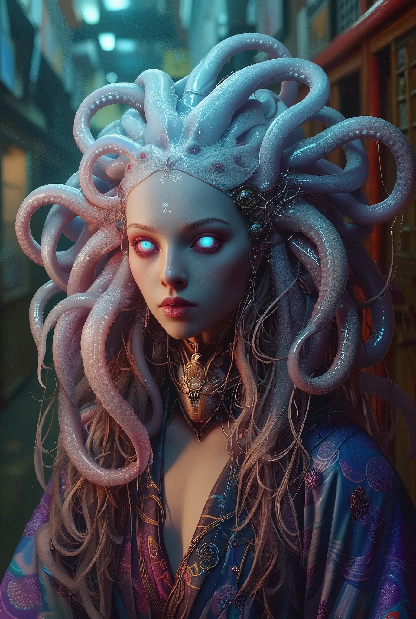 neon colored, (photos realistic:1.7), (1 beautiful and erotic female alien:1.4), (There is a female genital-like organ in the middle of her forehead:1.95), She has medusa-like hair, (there are lots of translucent tentacles from her head like her hair:1.5),...