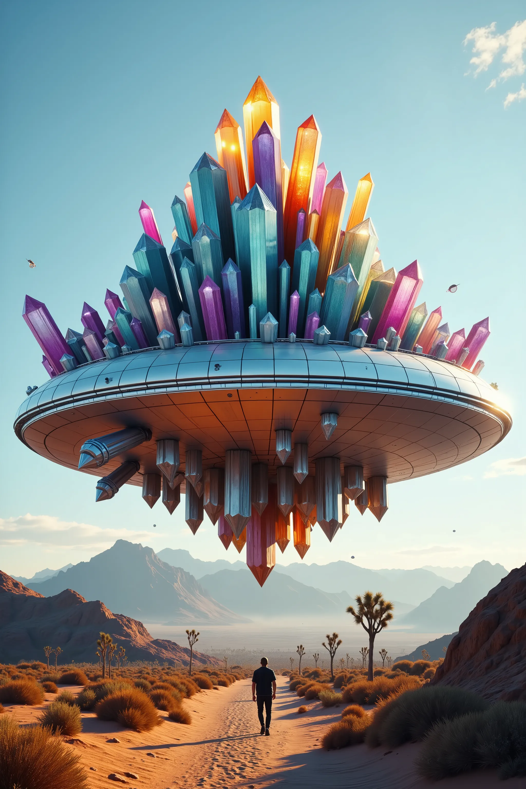 A fantastical scene unfolds in an arid desert landscape with rugged mountains in the distance.A UFO with hundreds of quartz crystals protruding from the top and bottem. Dominating the sky,  a hovering structure composed entirely of shimmering crystals, var...