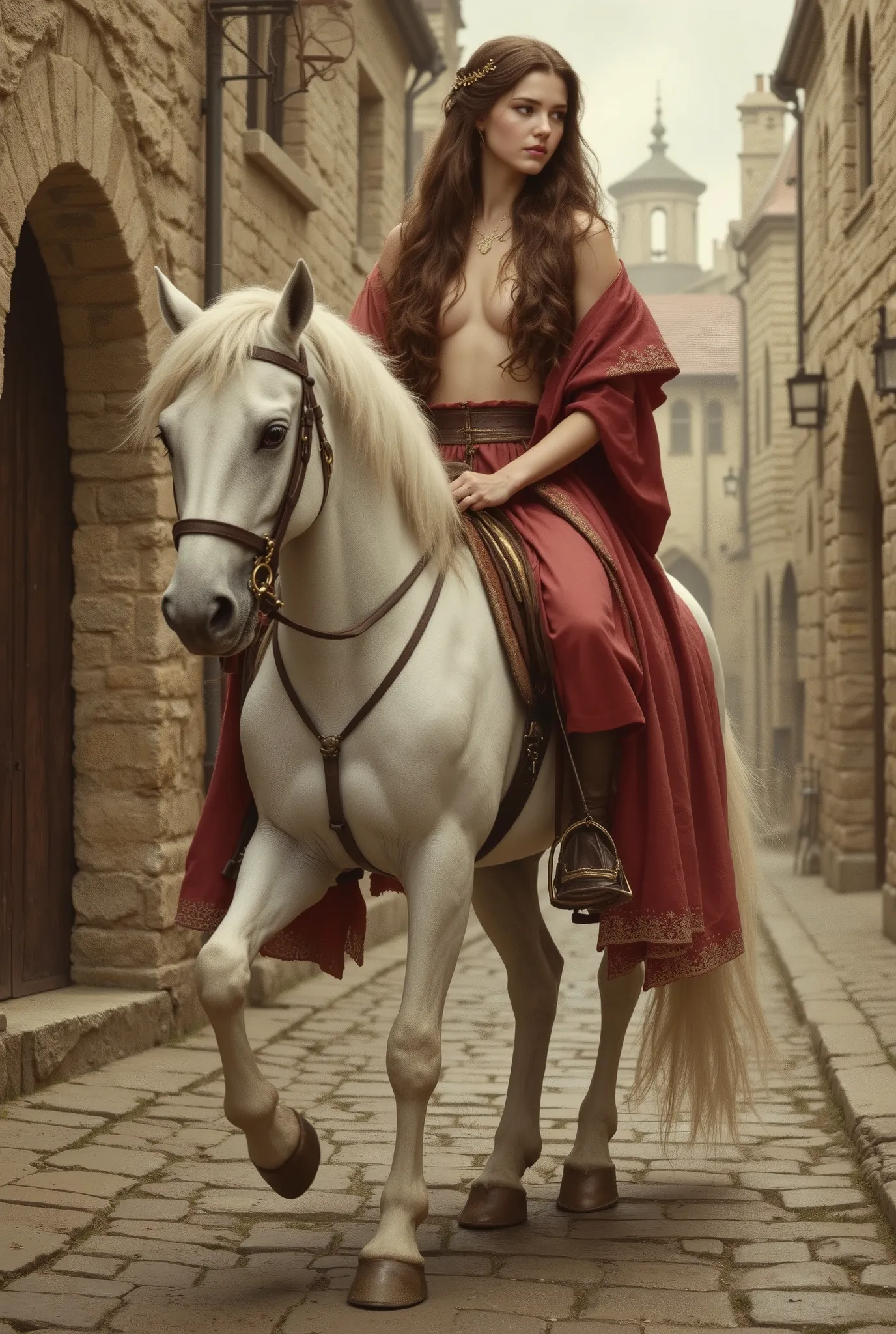 Photorealistic and painterly image inspired by John Collier’s Lady Godiva, reimagined with accurate historical detail. nude Lady Godiva rides side-saddle on a white horse draped in rich red cloth through a silent, empty medieval town. Her long, flowing bro...
