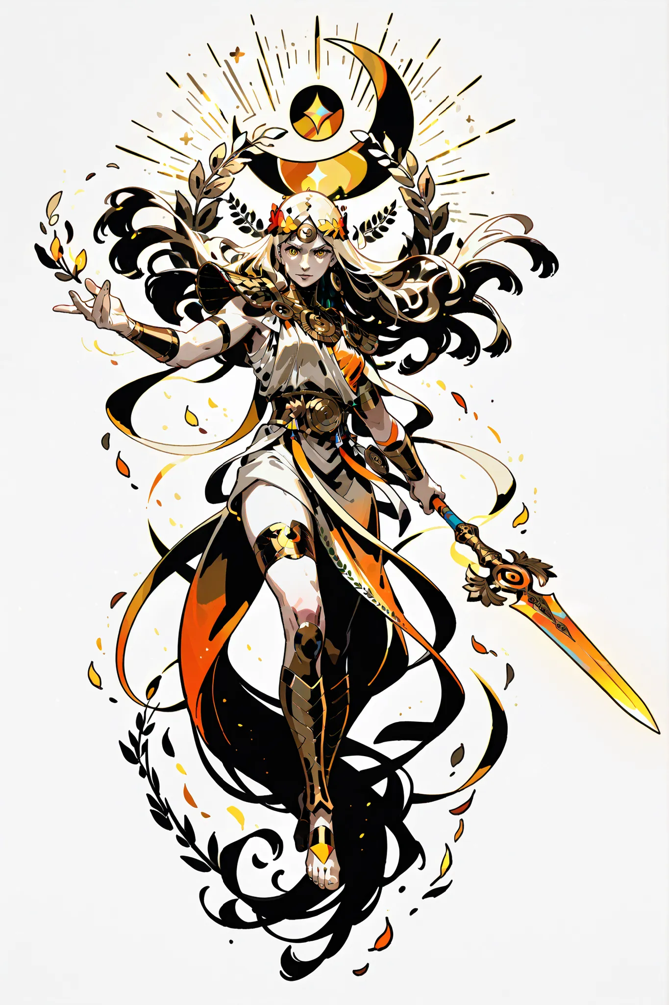 Greeks myth, with two elegant harvest sickles, glowing golden blades, engraved with vine and wheat motifs, ornate handle of dark wood and amber, ancient greek patterns, divine aura, light particles, ethereal glow, curved crescent blade, warm sunset tones, ...