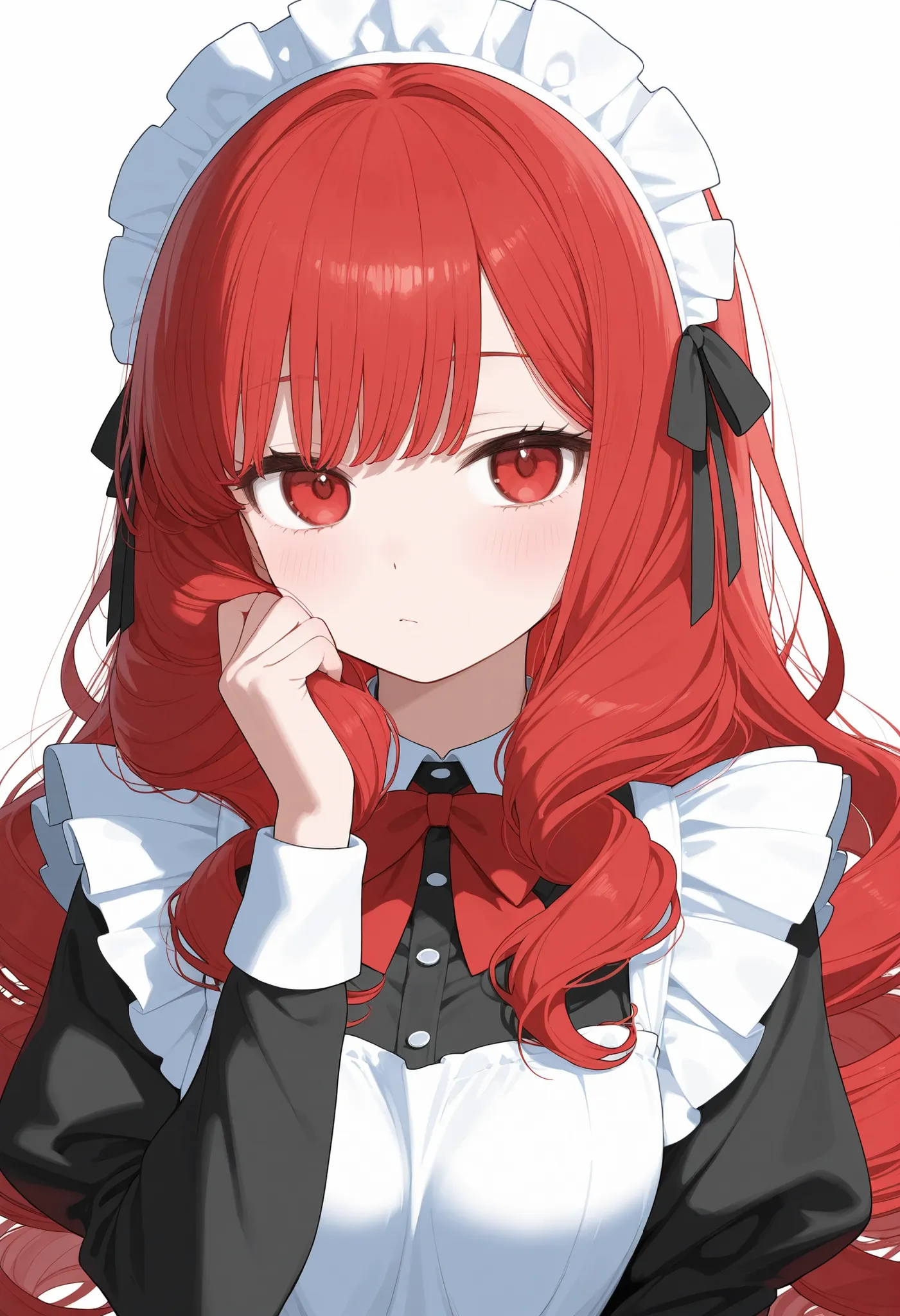 Beautiful girl　Maid　Red hair　long hair　wave hair　sulk　look away