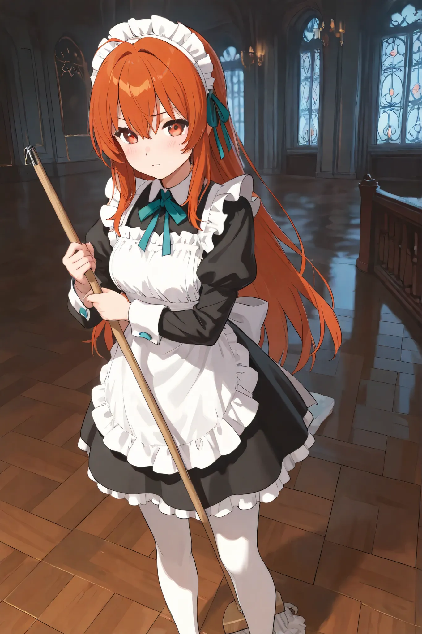 A maid woman standing cleaning the floor in a mansion.
