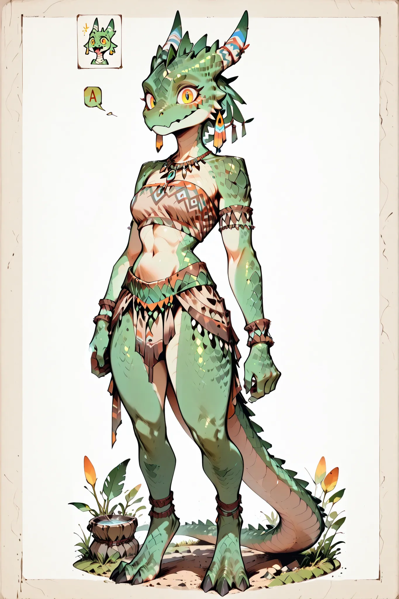 ( solo female, green skin, green scales, (((Kobold)), (detailed kobold)) medium breasts , wearing a adventure equipament , a tribal clothes,  character design, a old book in his hands