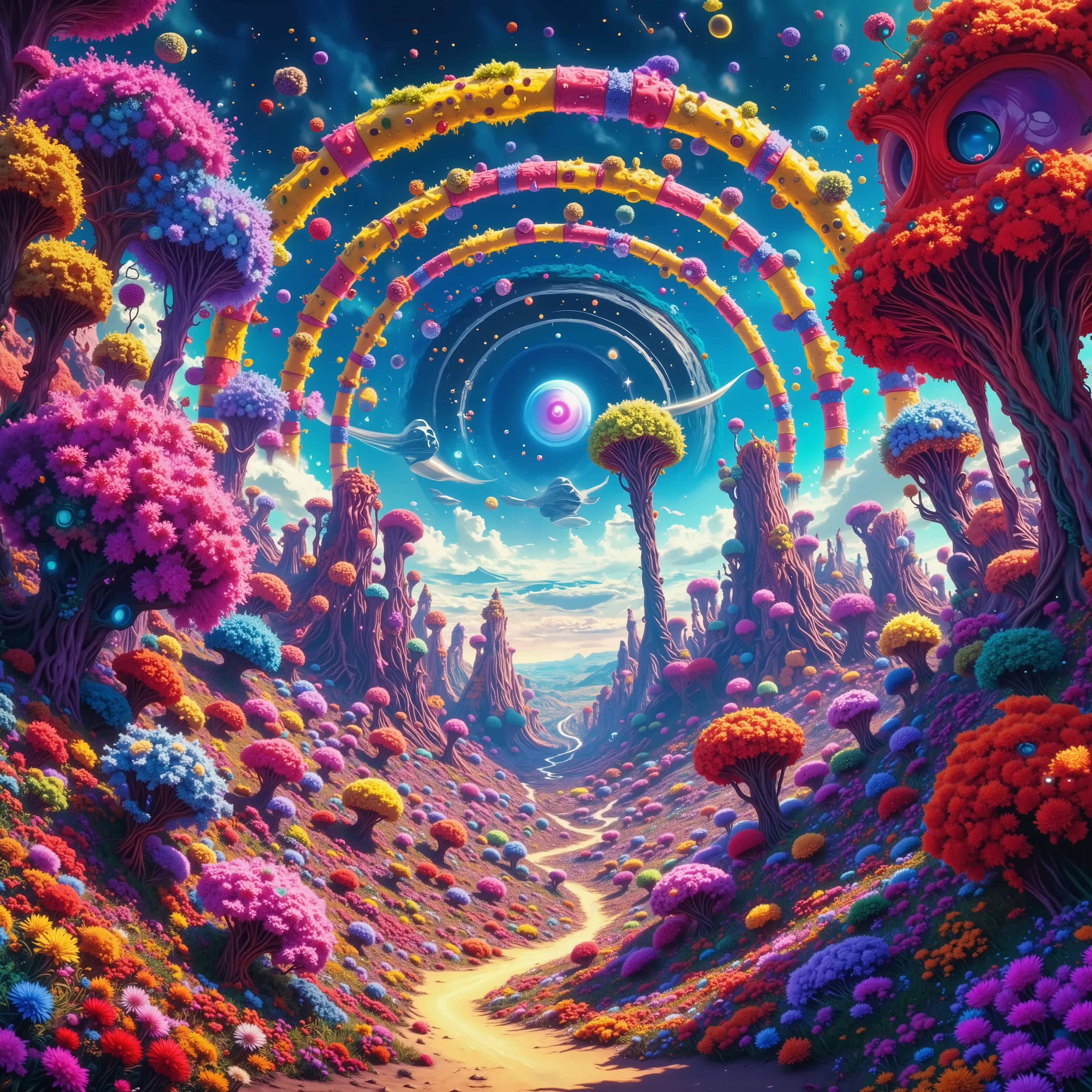 dream, super saturated colors in the sky and neon colored environment, breathing the hot atmosphere of otherworldly properties and proportions. LSD,DMhighly detailed,4K,8K,masterpiece,ultra-detailed,photorealistic,HDR,studio lighting,physically-based rende...