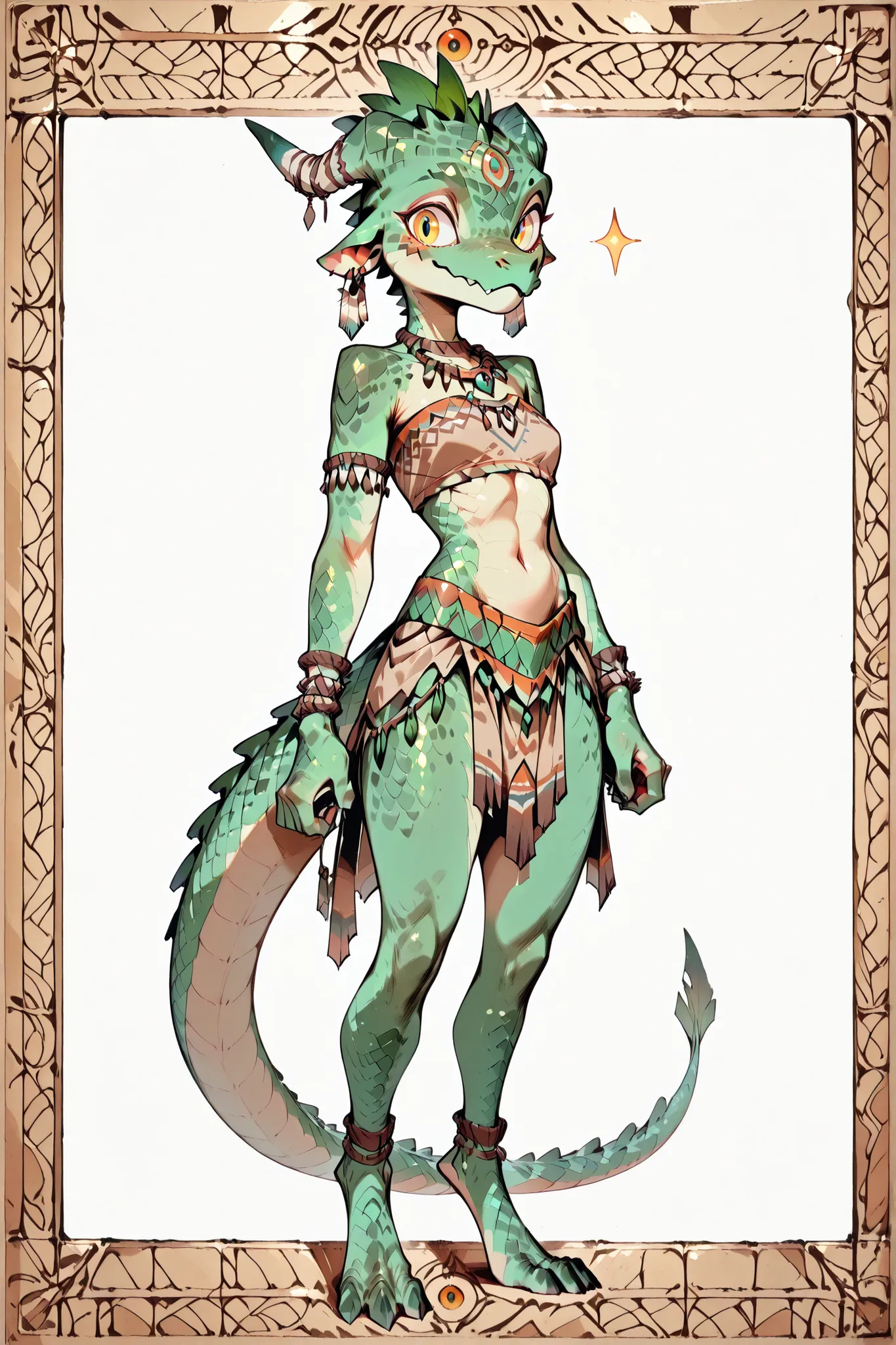 ( solo female, green skin, green scales, (((Kobold)), (detailed kobold)) small breasts , wearing a adventure equipament , a tribal clothes,  character design, a old book in his hands