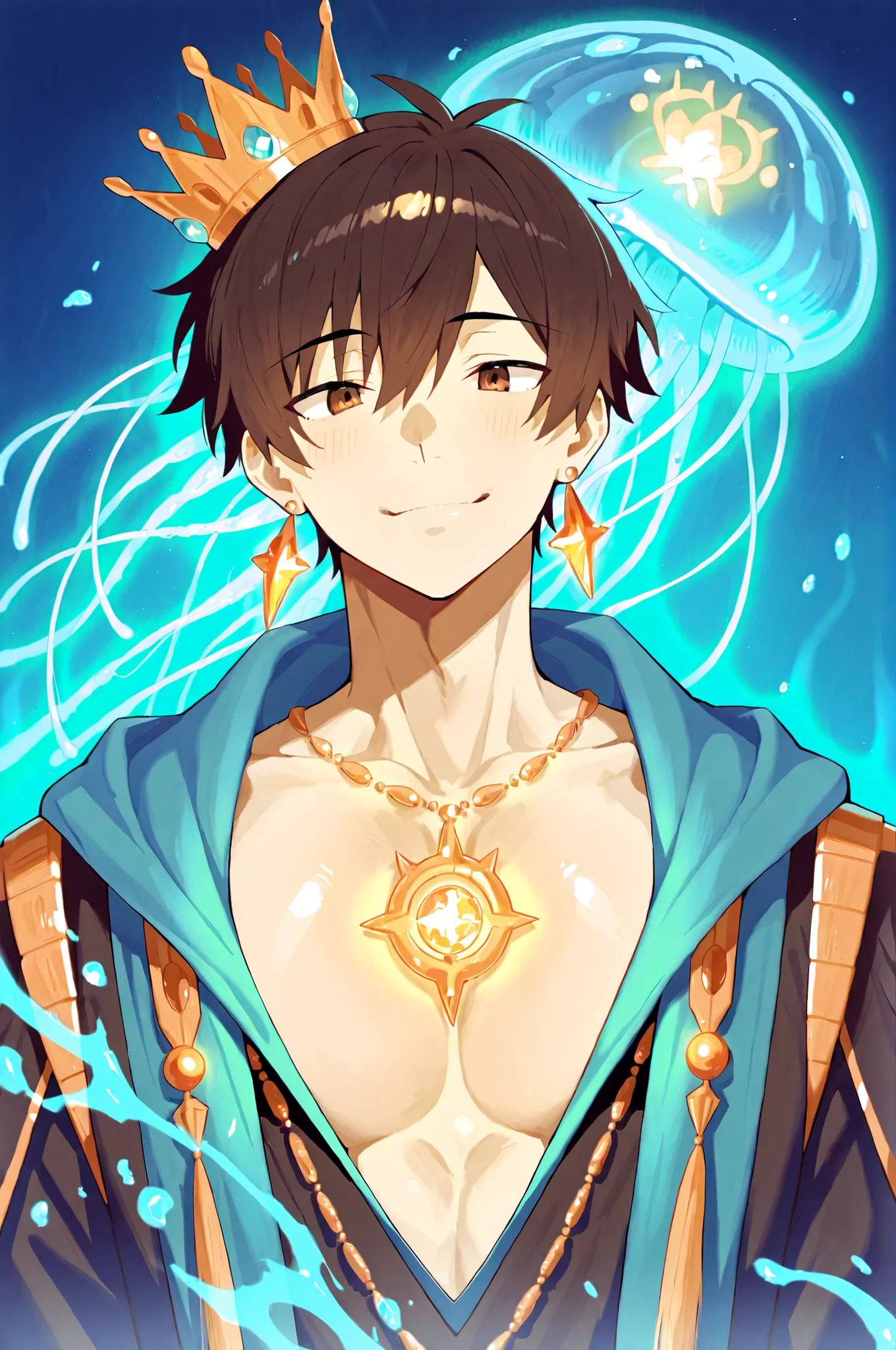 A cute anime-style boy as the guardian of the ocean. He has fair skin, sharp but gentle eyes, and short, well-groomed two-block haircut or neat middle part hairstyle. His hair is black or dark brown, not long, not messy. He wears a crown made of glowing co...