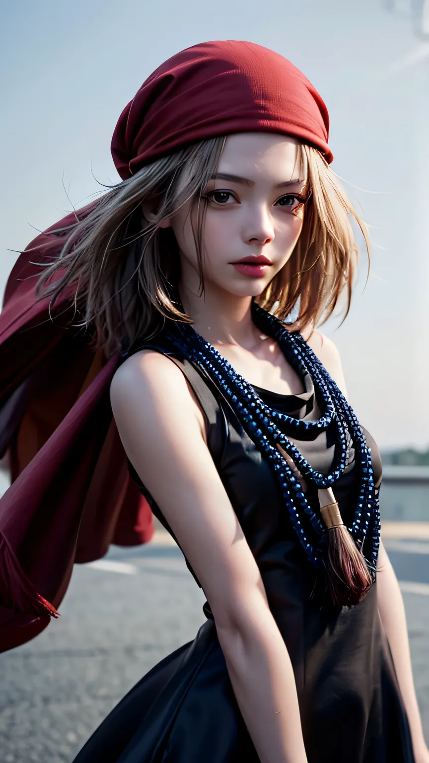 (masterpiece, highest quality), One girl, Beautiful Face,  anna kyouyama, Blonde, short hair, (Brown eyes:1.5), Red Bandana, beads, black dress, dress, prayer beads,red bandana，黒いdress，Black dress Photorealistic full body shot of a young girl with light , ...