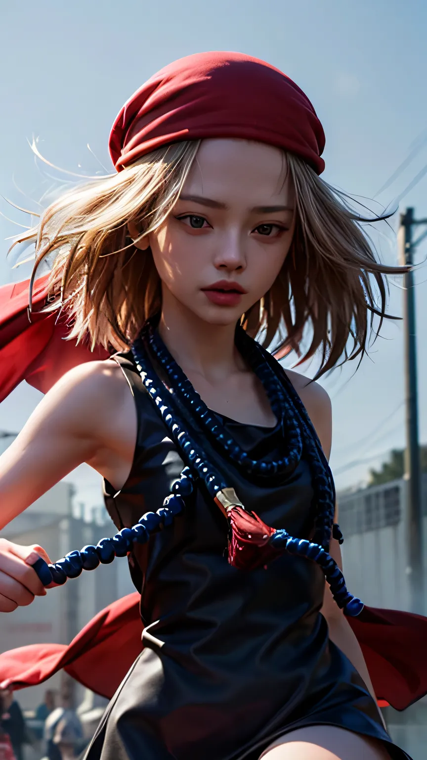 (masterpiece, highest quality), One girl, Beautiful Face,  anna kyouyama, Blonde, short hair, (Brown eyes:1.5), Red Bandana, beads, black dress, dress, prayer beads,red bandana，黒いdress，Black dress Photorealistic full body shot of a young girl with light , ...