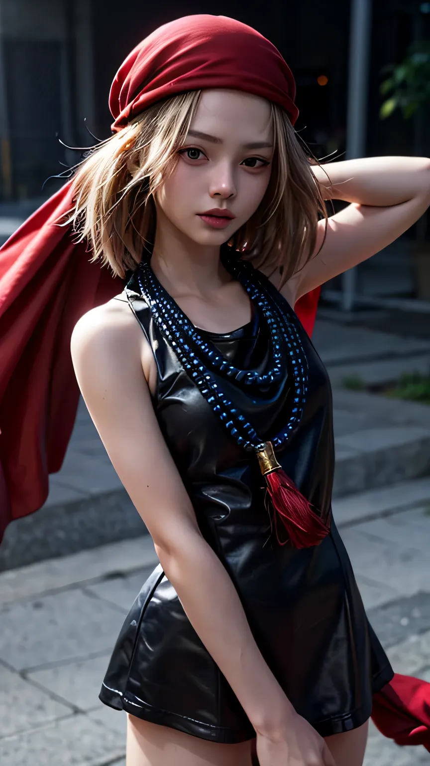 (masterpiece, highest quality), One girl, Beautiful Face,  anna kyouyama, Blonde, short hair, (Brown eyes:1.5), Red Bandana, beads, black dress, dress, prayer beads,red bandana，黒いdress，Black dress Photorealistic full body shot of a young girl with light , ...