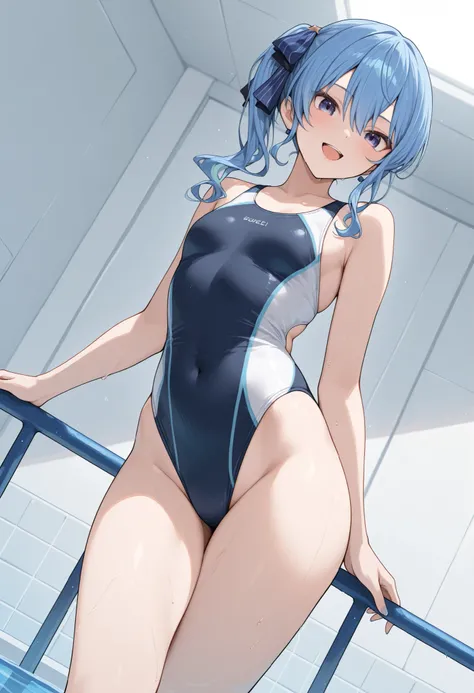 masterpiece,perfect anatomy,high resolution, ultra-detailed,beautiful detailed eyes,dutch angle,absurdres,1girl,solo,hoshimachi suisei,blue hair,(competition swimsuit:1.3),smile,open mouth,