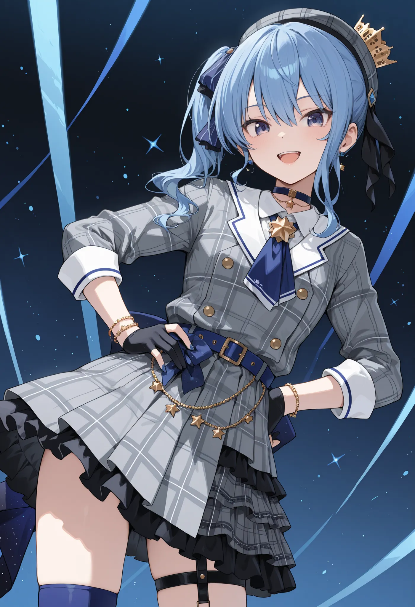 masterpiece,perfect anatomy,high resolution, ultra-detailed,beautiful detailed eyes,dutch angle,absurdres,1girl,solo,hoshimachi suisei,blue hair,side ponytail, plaid beret, crown, blue star choker, star earrings, blue ascot, grey plaid jacket, grey plaid s...