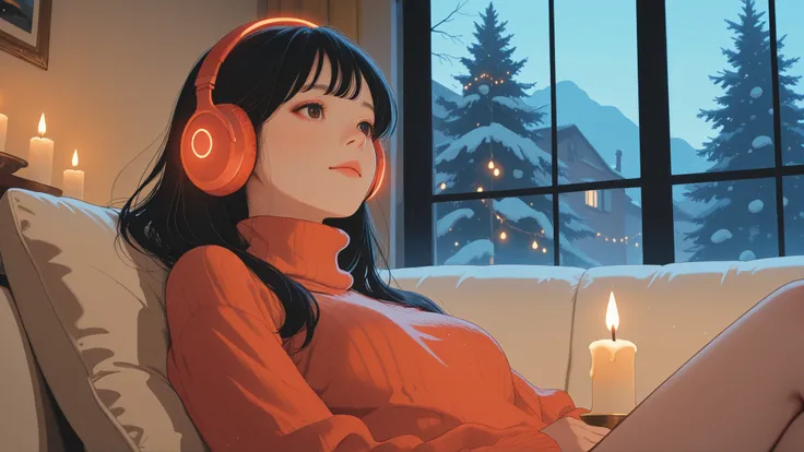 A cozy Christmas living room at night with a glowing fireplace and a decorated tree in the background. A teenage girl sits quietly on a soft sofa, wearing a warm red turtleneck sweater and over-ear headphones. She is not looking at the camera and is slight...