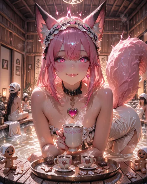 A masterpiece, 4K, ultra-detailed, cinematic lighting, elegant and mischievous atmosphere. A beautiful young woman with seductive curves, beautiful pink eyes, long silky pink hair, matching fox ears, and a large fluffy tail, all in shades of pink, stands ...