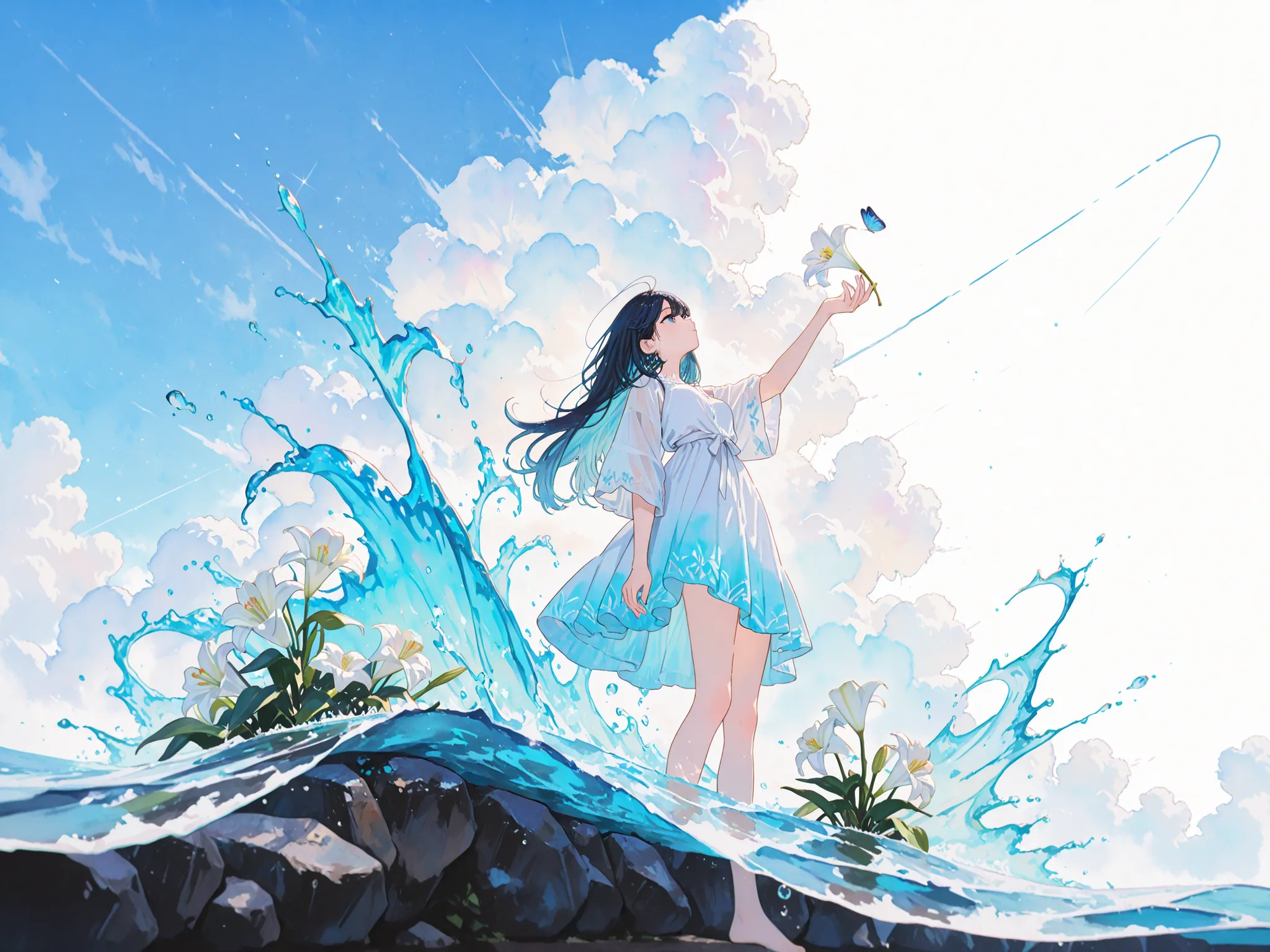 ((Masterpiece)), ((best quality, amazing quality)), ((very aesthetic, absurdres, newest, detailed background)), (8K), (watercolor painting:1.3), from below, wide shot, beautiful lily, blue sky, (simple white background), pale blue fine ink splashing,