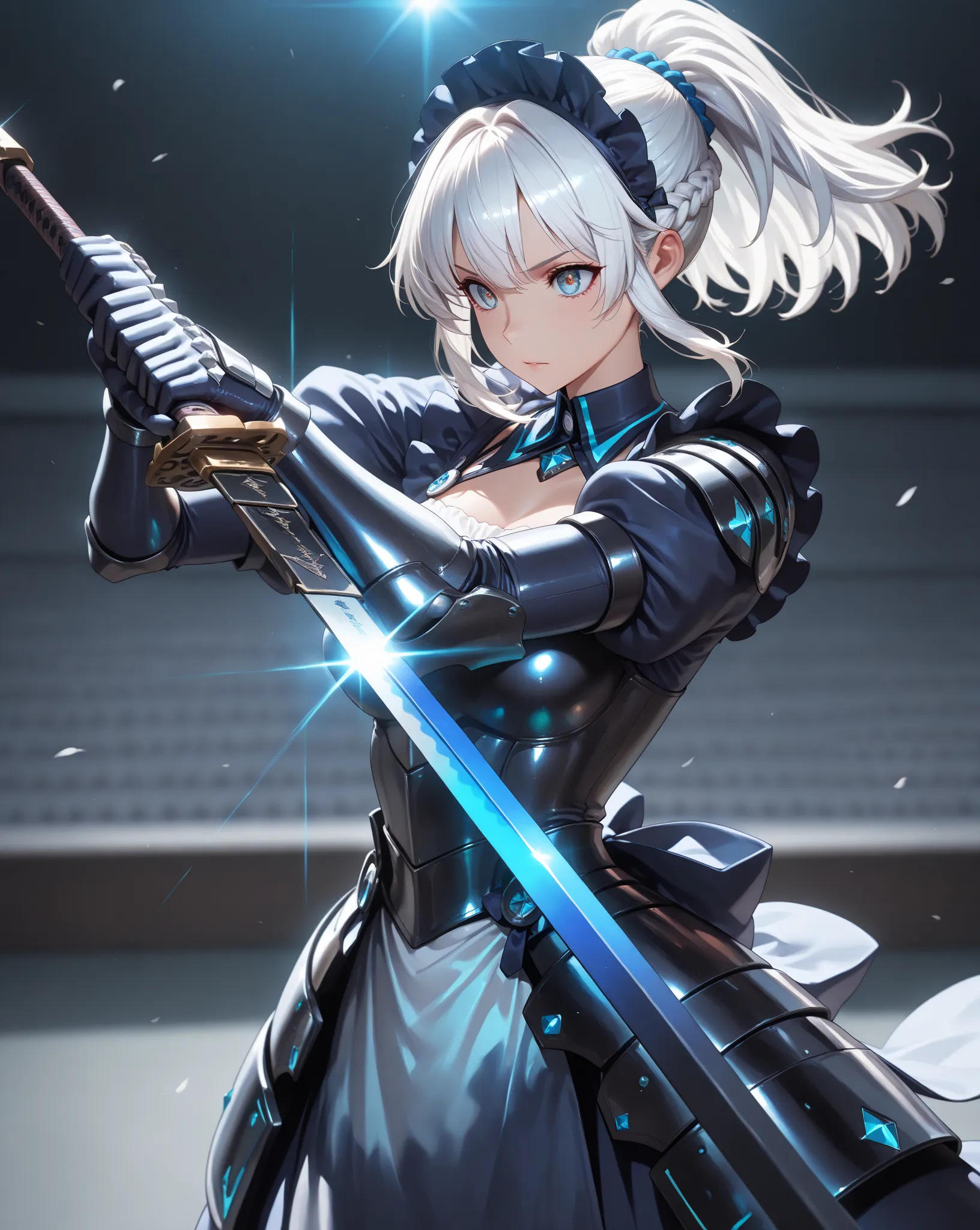 (White hair，ponytail，Hair Braid  ，Chest， beautiful )，Best Quality, masterpiece, high resolution, 1 girl，Radiance of Dark Gothic Maid，Diffuse Gradiance Armor，Broad Spectrum Gradiance，The intense light effects surrounding the girl，Epic magic((Combat action，Accumulation Force，Two-Handed Sword，Dynamic lens ，Dynamic movement))，Wind Expresses the feeling and momentum of the sword，(sports blur)，Infinite Sword，Blurred background，Glittering，Vivid Color,Heaven Effect,Reality, Dark Studio,  edge lighting , Two-color light,(High Detail Skin:1.2),
