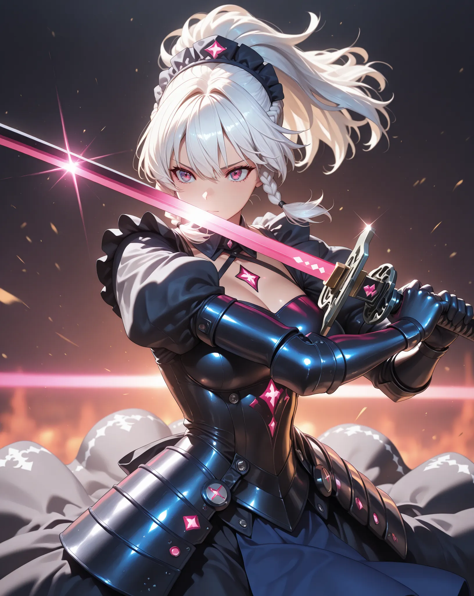 (White hair，ponytail，Hair Braid  ，Chest， beautiful )，Best Quality, masterpiece, high resolution, 1 girl，Radiance of Dark Gothic Maid，Diffuse Gradiance Armor，Broad Spectrum Gradiance，The intense light effects surrounding the girl，Epic magic((Combat action，Accumulation Force，Two-Handed Sword，Dynamic lens ，Dynamic movement))，Wind Expresses the feeling and momentum of the sword，(sports blur)，Infinite Sword，Blurred background，Glittering，Vivid Color,Heaven Effect,Reality, Dark Studio,  edge lighting , Two-color light,(High Detail Skin:1.2),
