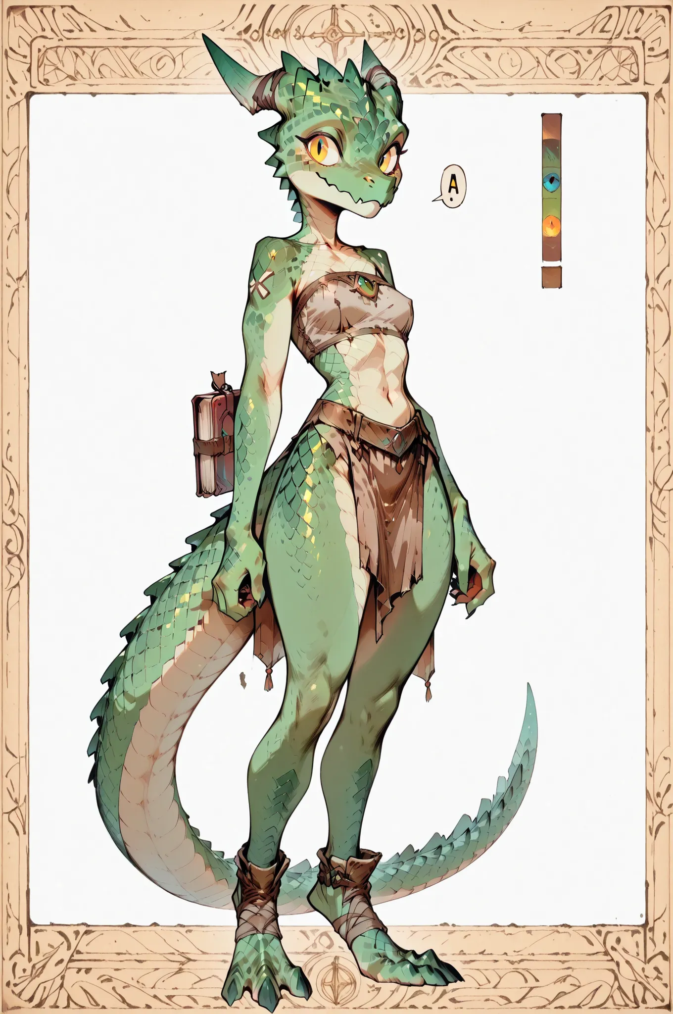 ( solo female, green skin, green scales, (((Kobold)), (detailed kobold)) small breasts , wearing a adventure equipament , a rogue clothes,  character design, a old book in his hands