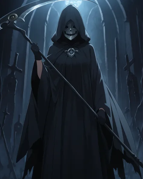 score_9, score_8_up, score_7_up, best quality, detailed face, detailed background, maximum detail, beautiful face, beautiful eyes, very aesthetic, absurdres, perfect lighting, nsfw, anime coloring, 1female, hood up, black robe, grim reaper robe, face hidde...