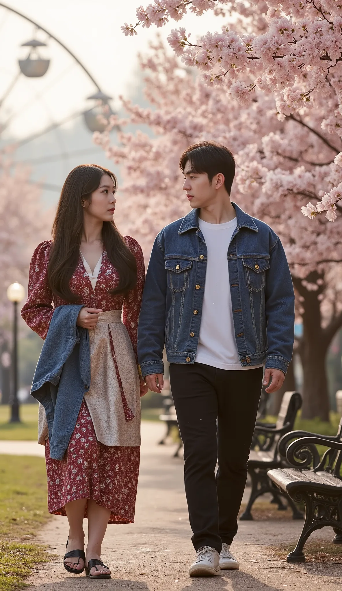 masterpiece, ultra highres, best quality, 2 people, dramatic scene, beautiful maid, batik-patterned maid uniform, elegant apron, traditional batik motifs, carrying blue denim jacket, handsome young master, modern casual outfit, walking ahead, longing gaze ...
