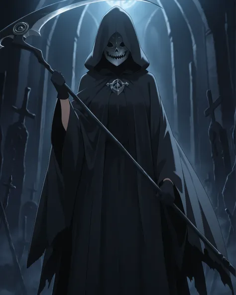 score_9, score_8_up, score_7_up, best quality, detailed face, detailed background, maximum detail, beautiful face, beautiful eyes, very aesthetic, absurdres, perfect lighting, nsfw, anime coloring, 1female, hood up, black robe, grim reaper robe, face hidde...