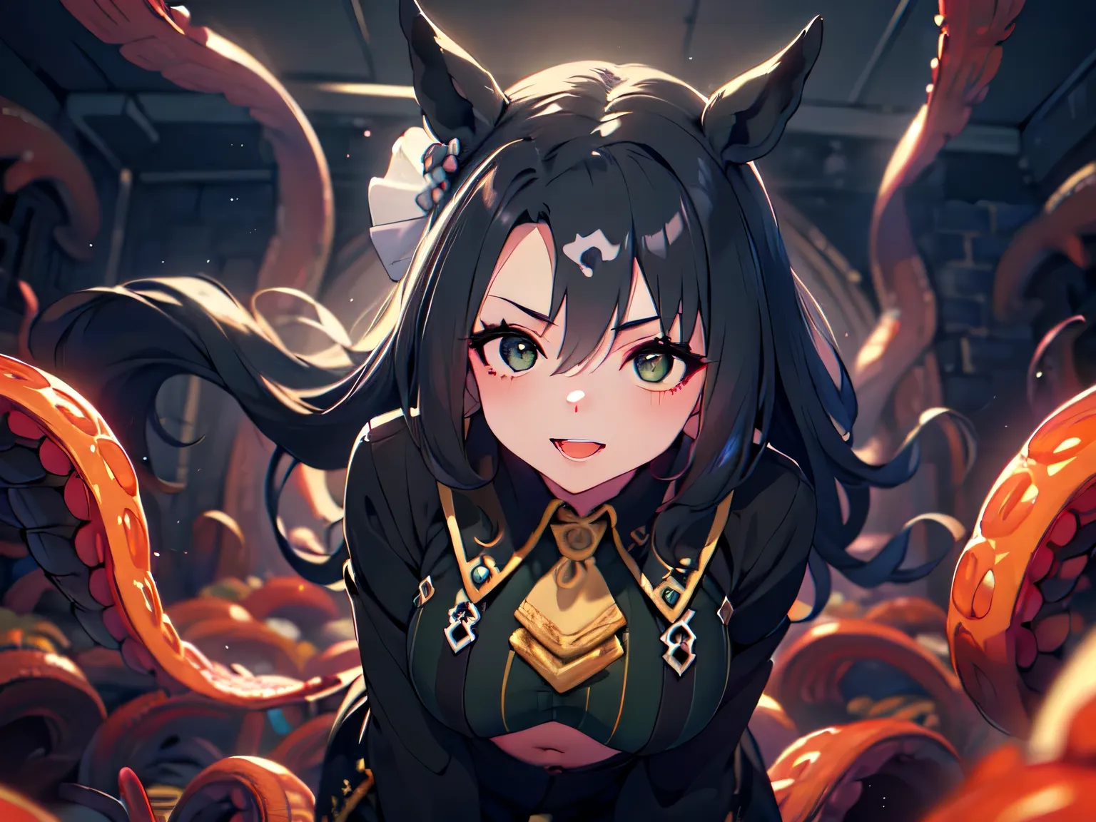 (Solo, upper body POV, 3DCG, highest detail, highest resolution, highest quality, anatomically correct: 1.5),(underground black wall、 Lots of Tentacles、Surrounded by Tentacles、are attacked by tentacles: 1.5)、(Beautiful Girl with Horse Ears、Petite: 1. 5）、
（...