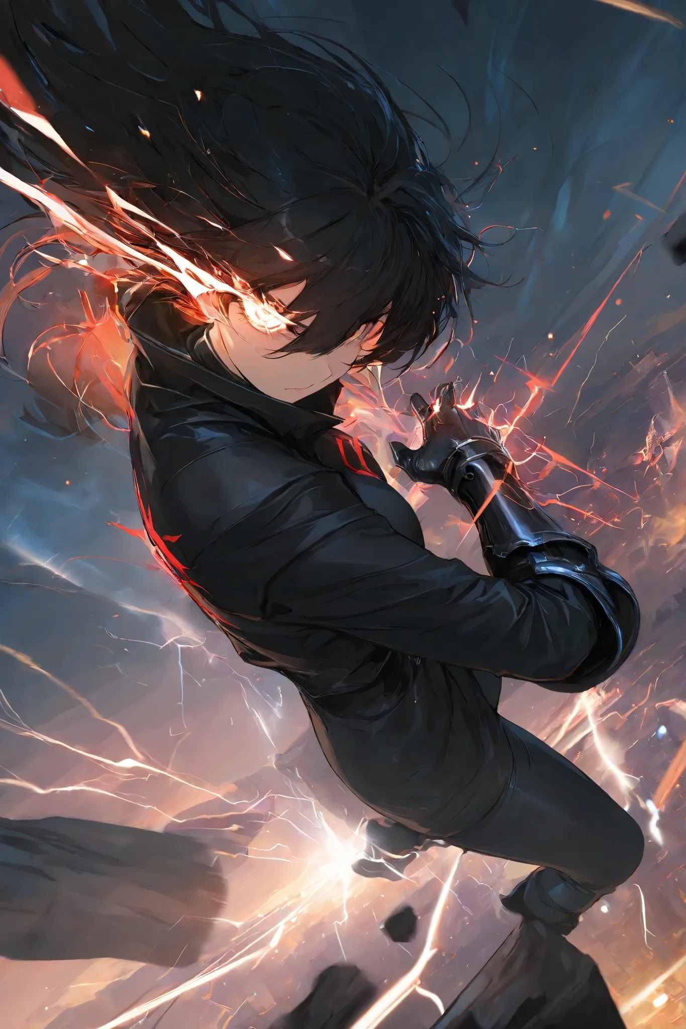 masterpiece, best quality,1 girl ,best quality,heroic pose,dynamic angle,dynamic sky background,with epic effect, high angle shot,like CCTV footage, outward flow of magic or particles,thunder is black,thunder waves expanding from a central point, face cl...